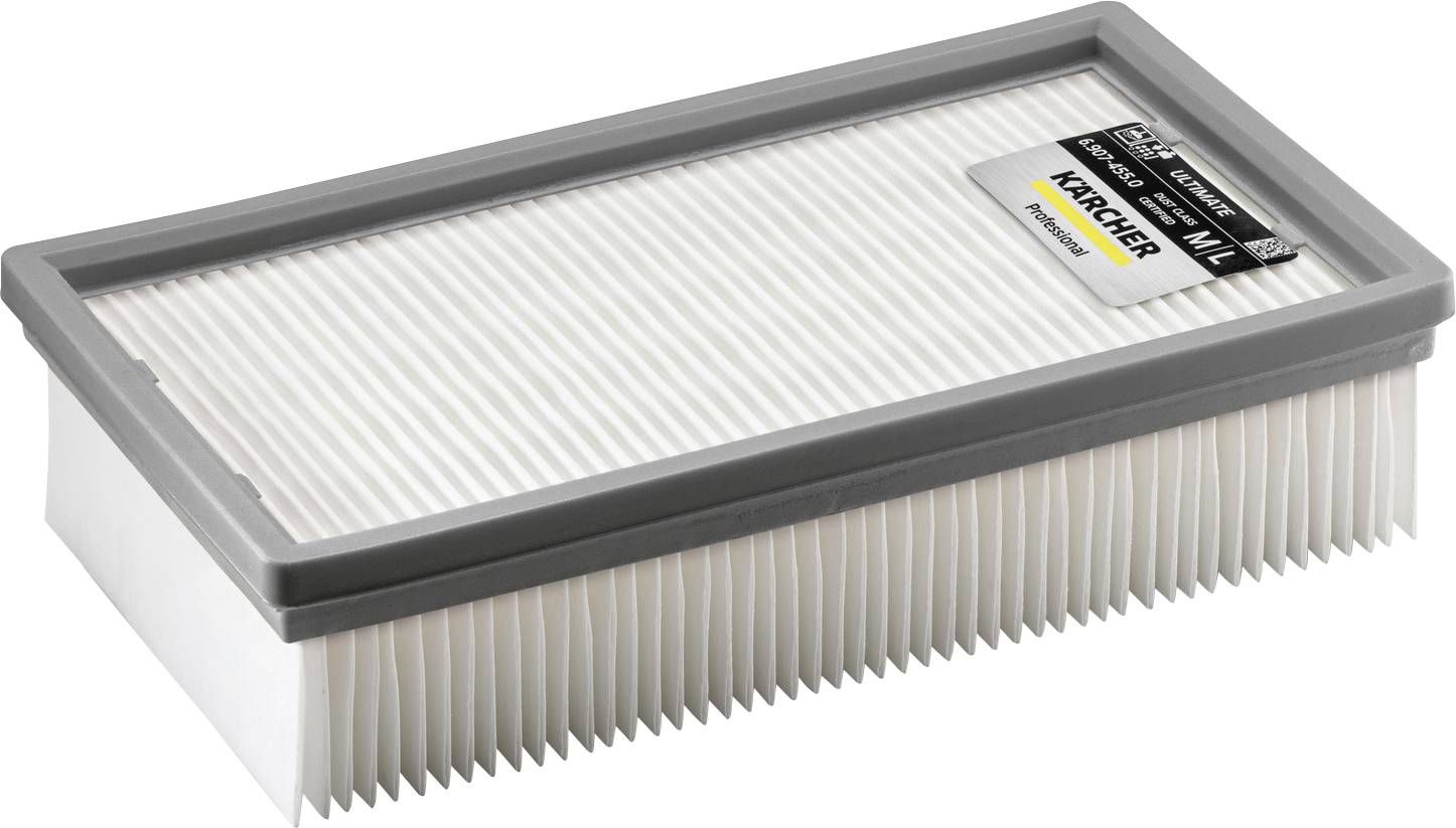 Un filtre à vide plissé rectangulaire avec un cadre gris, présentant une étiquette indiquant « Karcher » dans le coin supérieur droit.