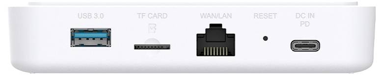 Back panel of a device with USB 3.0, TF card slot, WAN/LAN port, reset button, and DC IN PD port.
