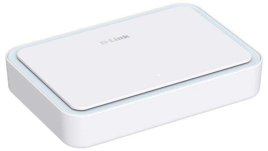 A white D-Link network device, rectangular and compact, with a single LED indicator on top. The device is angled slightly in the image.