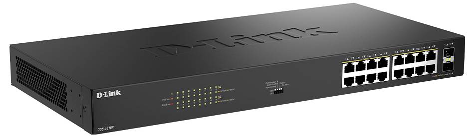 Ethernet switch with 16 ports and LED indicators on front panel, manufactured by D-Link. Black, rectangular design for networking use.