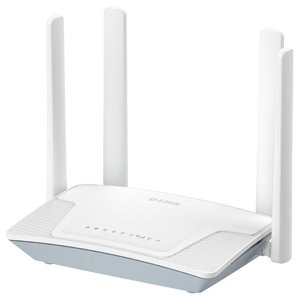 A white D-Link wireless router with four antennas, designed for home internet connectivity.