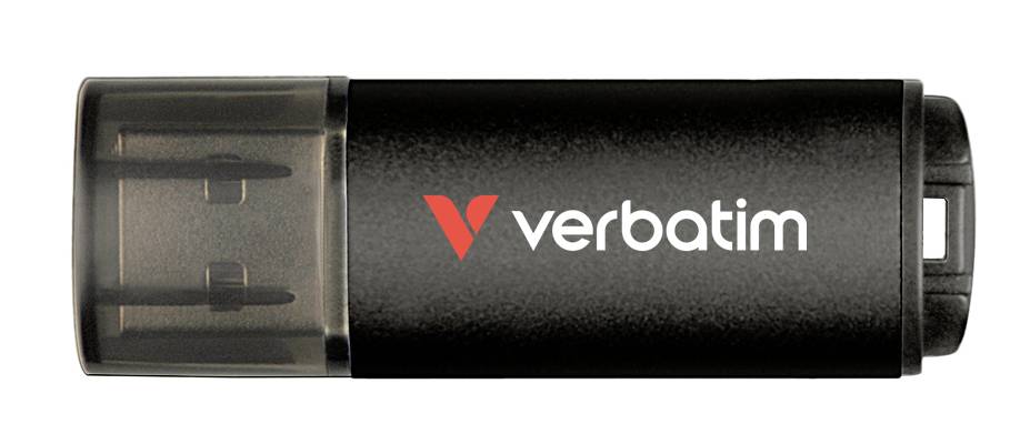 Clé USB Black Verbatim avec capuchon translucide, présentée en vue latérale avec le logo visible.
