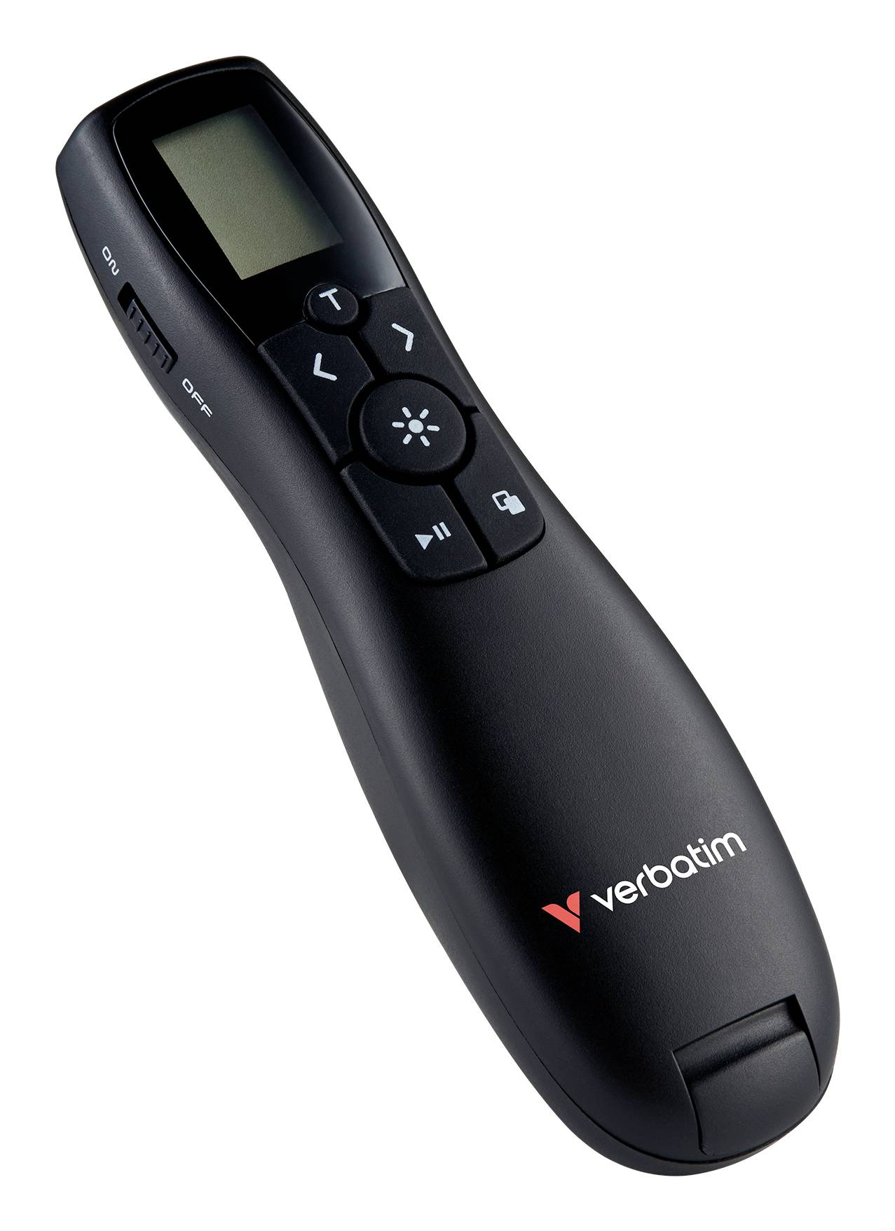Télécommande de présentation Black Verbatim avec petit écran LCD, boutons directionnels et de luminosité, et interrupteur marche/arrêt.