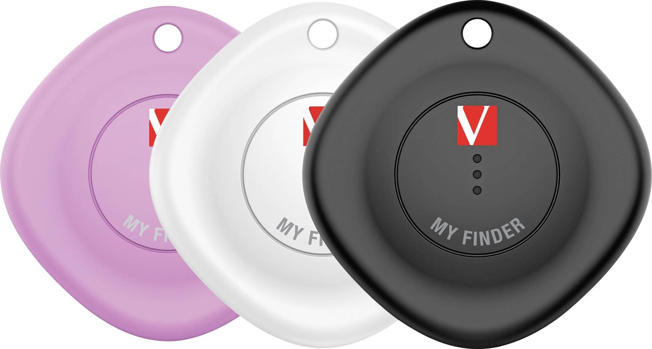 Trois traceurs Bluetooth de forme ovale en rose, blanc et noir, chacun doté d'un trou pour être attaché aux clés ou aux sacs et portant l'étiquette « MY FINDER ».