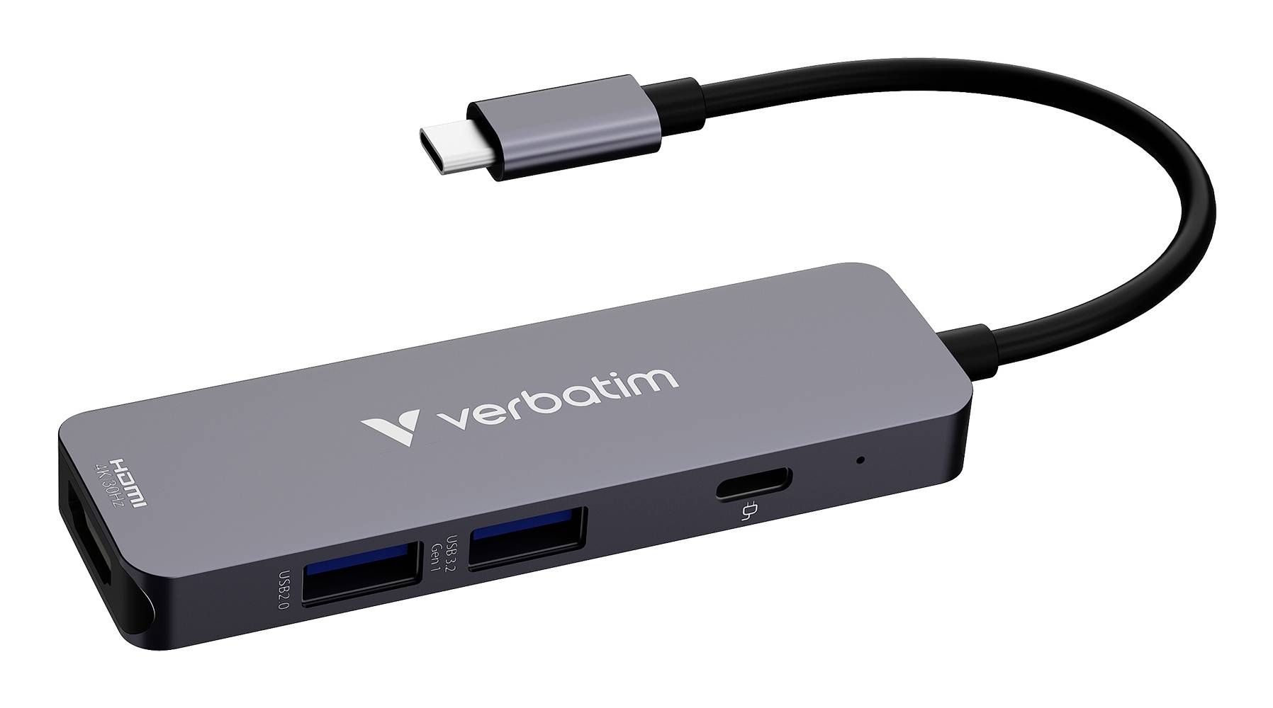 Concentrateur USB-C Verbatim avec ports HDMI, USB-A et USB-C sur un câble pour connecter plusieurs appareils à un ordinateur portable.
