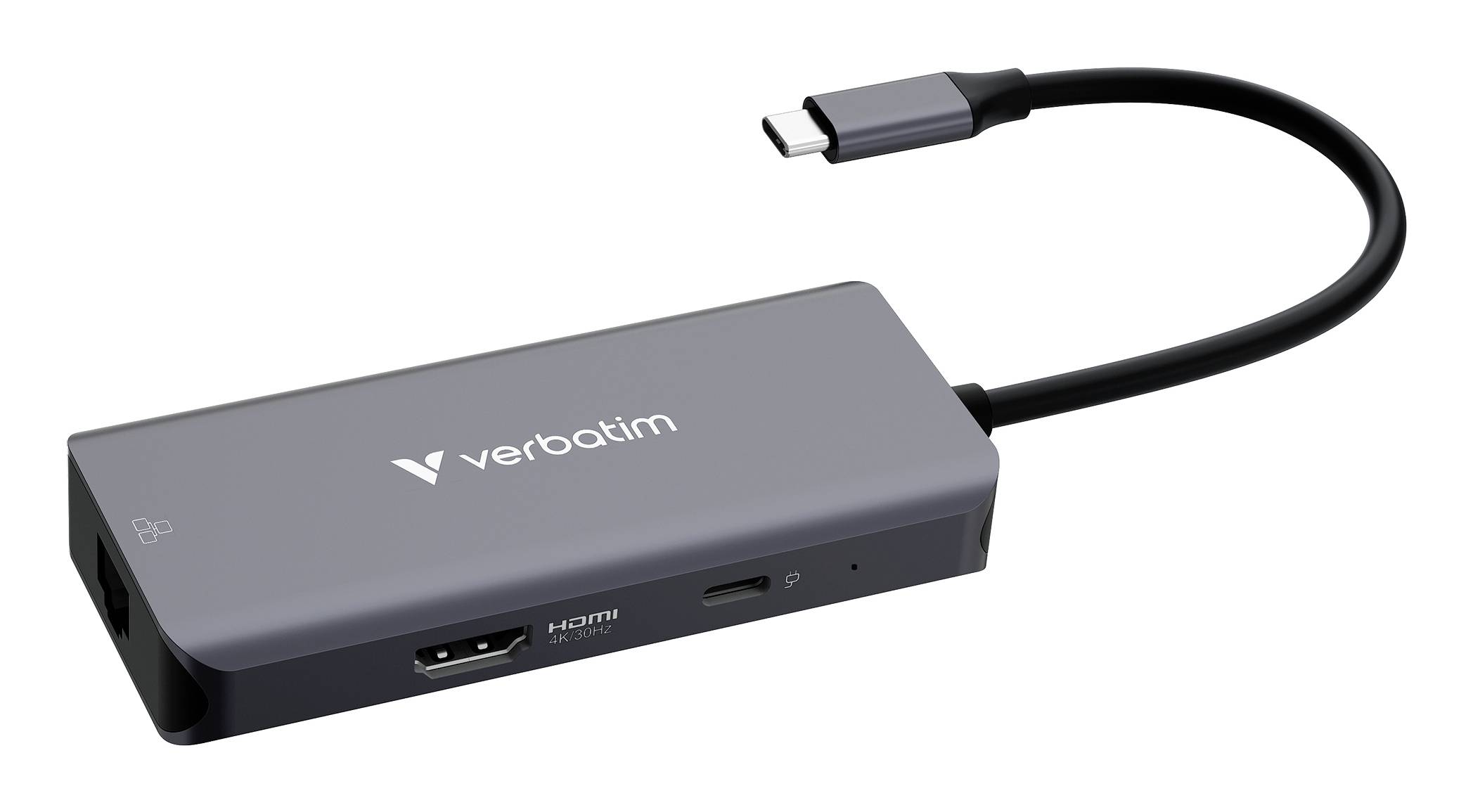 Hub adaptateur USB-C Verbatim avec HDMI et autres ports, présenté avec câble USB-C attaché.