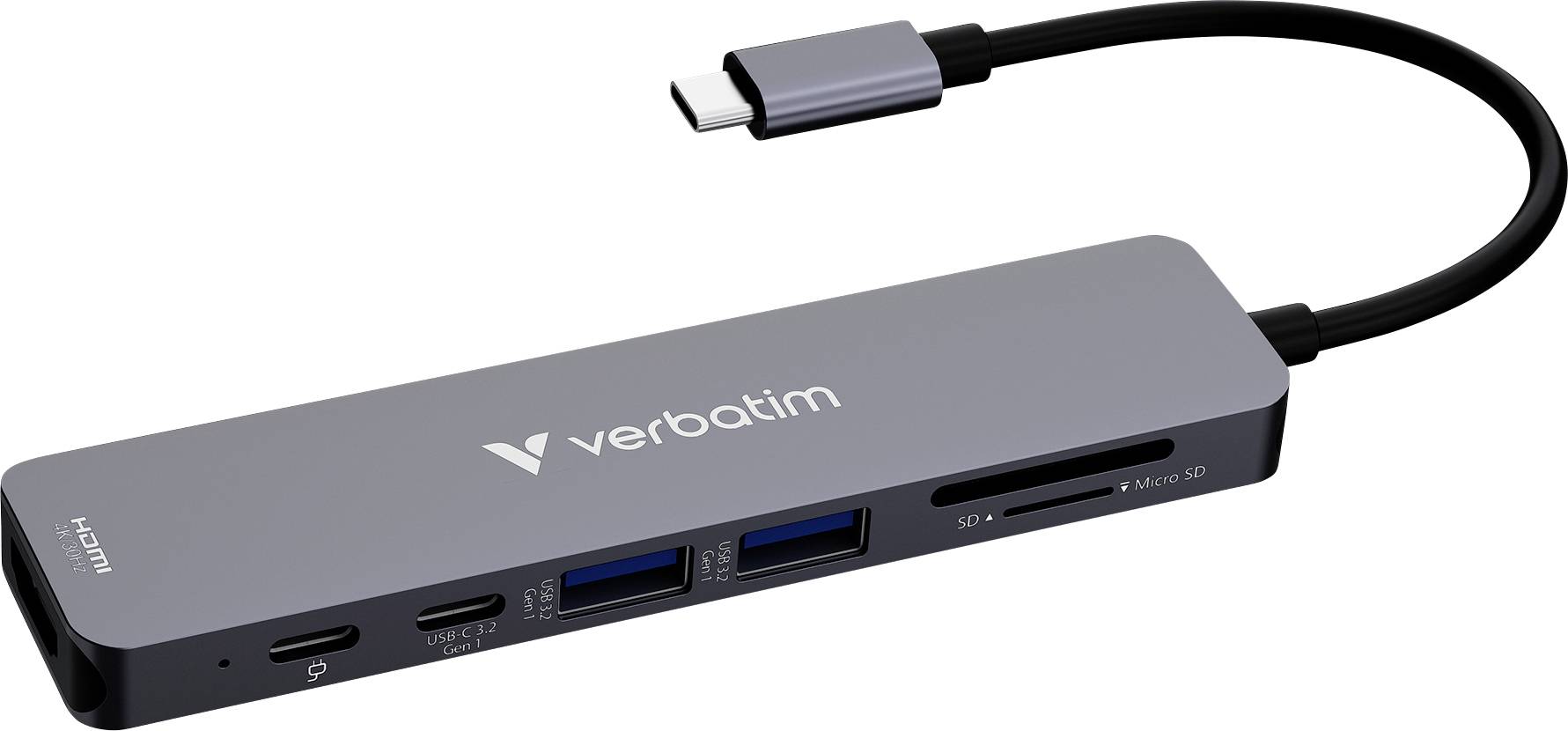 Un adaptateur multi-ports élégant Verbatim avec USB-C, ports USB, fentes SD, MicroSD et HDMI, adapté pour connecter diverses appareils.