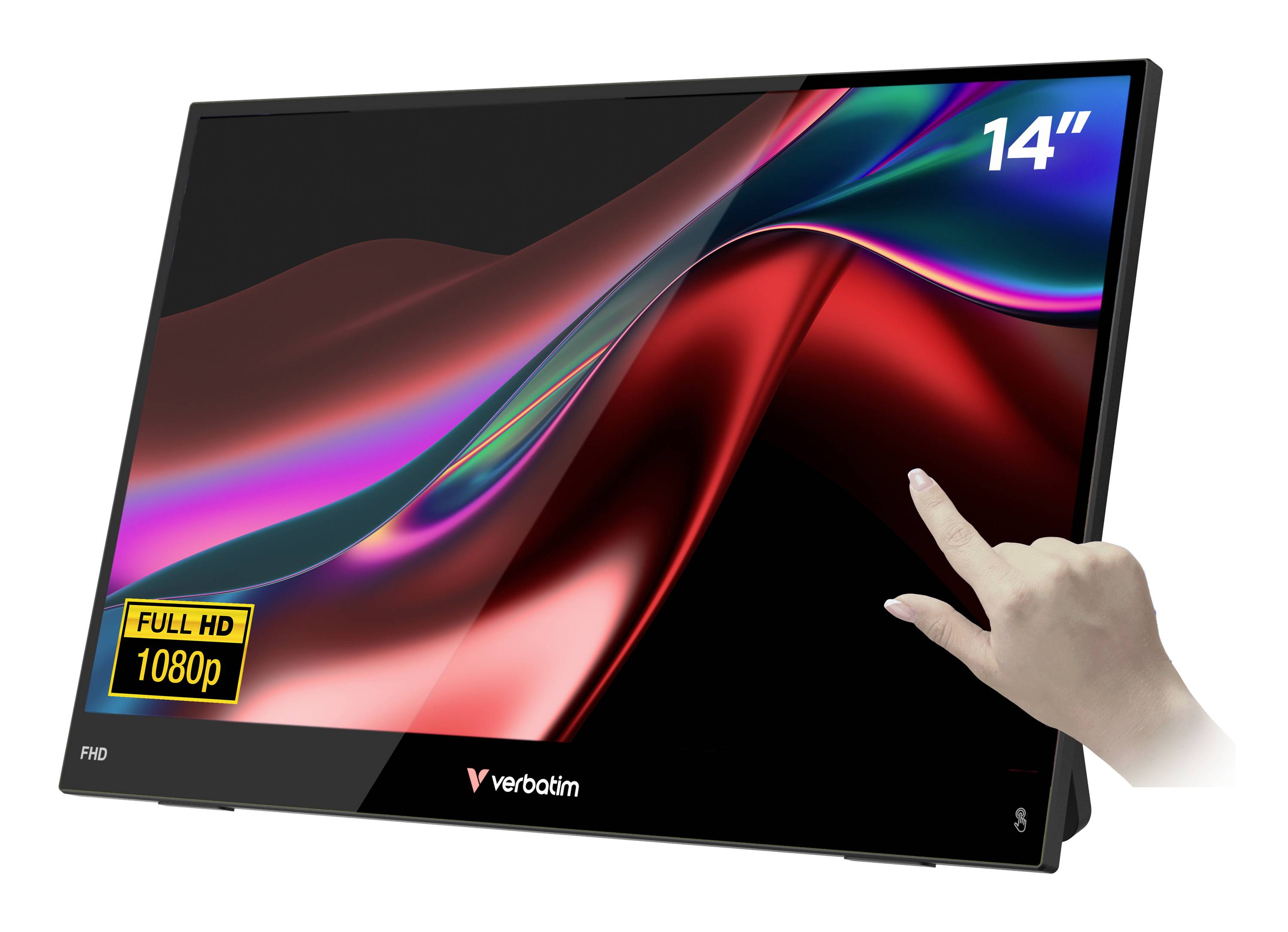 Moniteur portable Verbatim Full HD 14 pouces avec écran tactile et une main tapotant l'affichage ; « 1080p » affiché à l'écran.