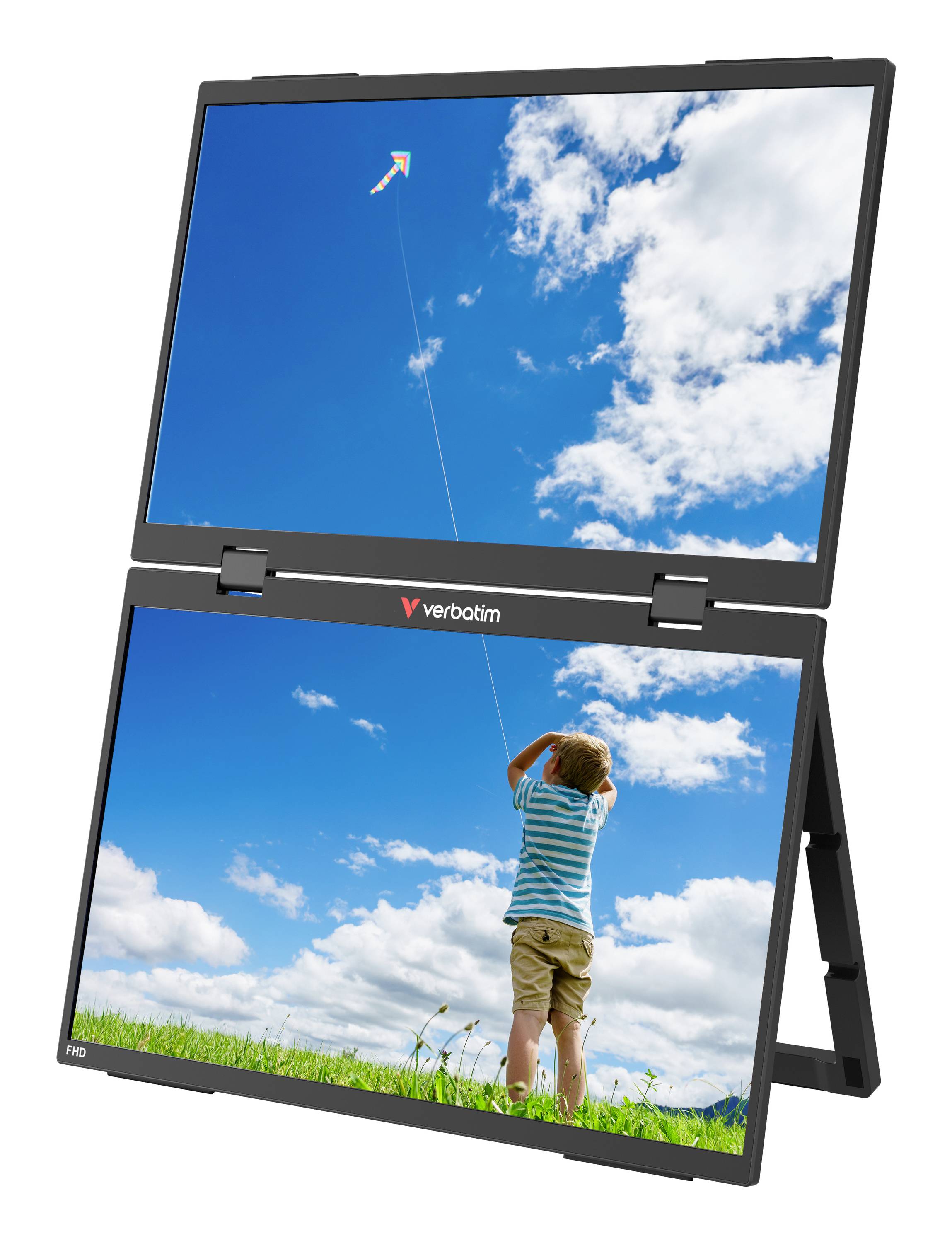 Moniteur portable à double écran affichant un écran avec un ciel bleu et des nuages et l'autre avec un enfant debout dans un champ herbeux regardant vers le haut.