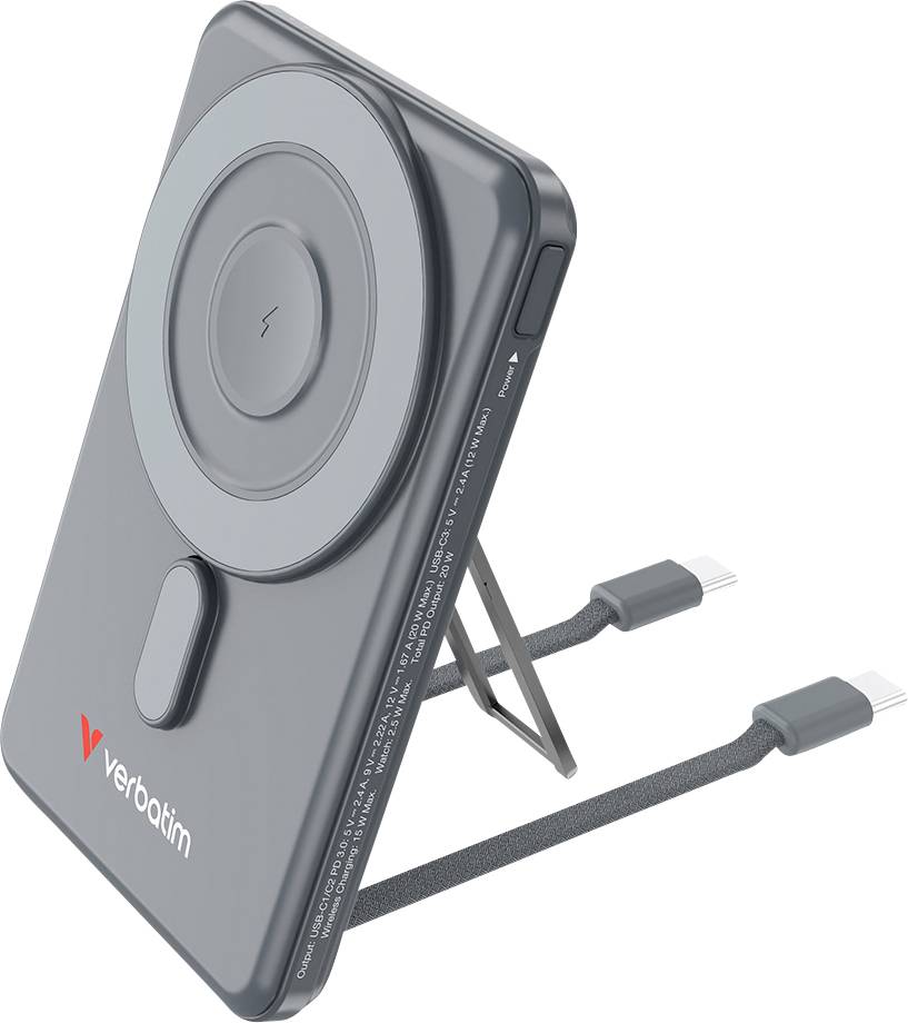 Un élégant chargeur sans fil Verbatim gris avec un support rabattable et un câble de recharge USB-C intégré, conçu pour charger des appareils intelligents.