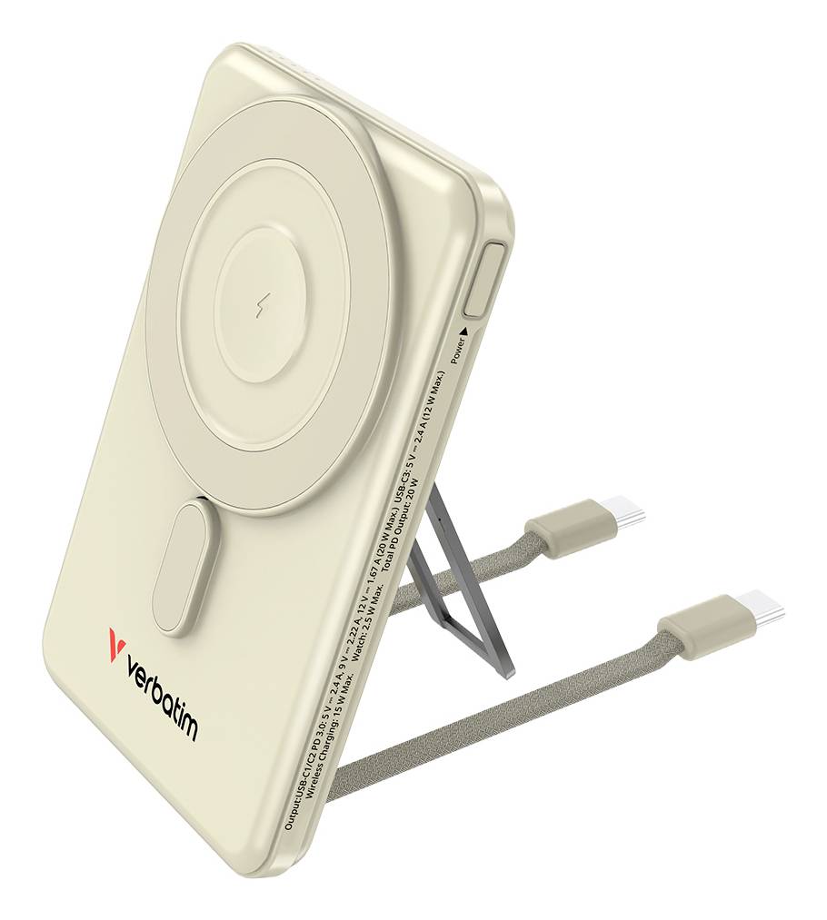 Socle de charge sans fil magnétique Verbatim beige avec béquille pliable et deux câbles de charge intégrés.