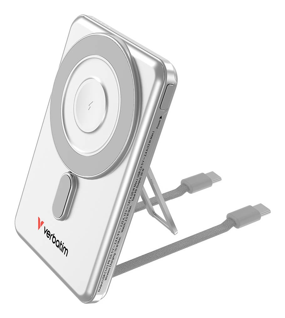Support de recharge sans fil Silver Verbatim avec socle ajustable et câble USB-C intégré