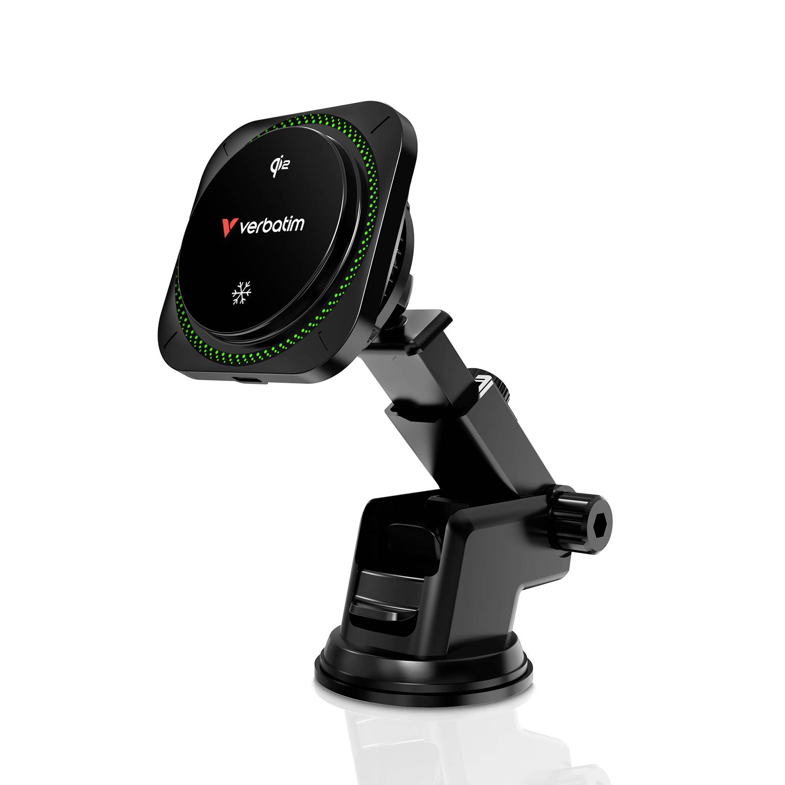 Support de chargeur de téléphone sans fil Qi2 pour voiture Black Verbatim avec anneau LED vert sur un bras de tableau de bord à ventouse réglable.