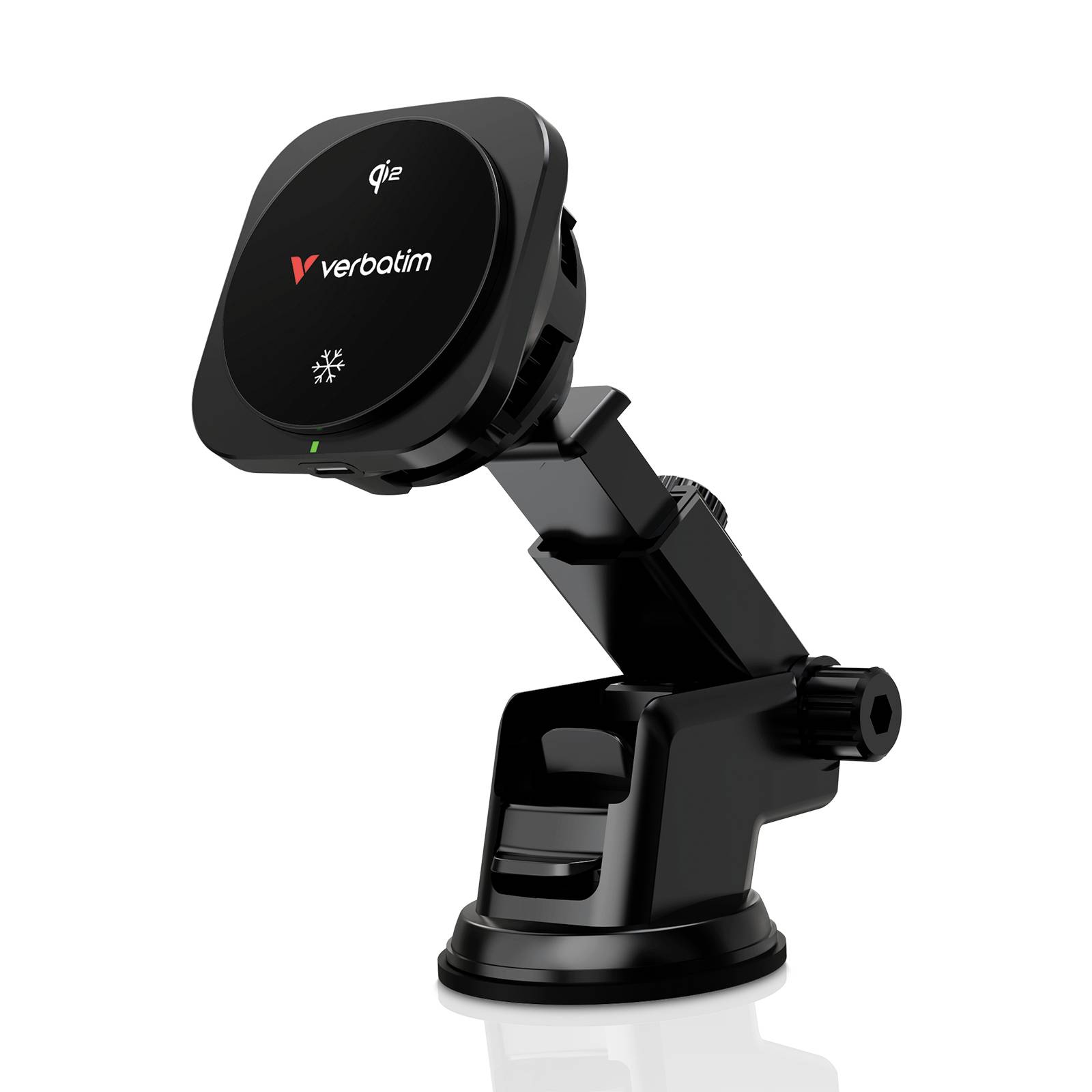 Chargeur de téléphone sans fil Qi2 pour voiture Black Verbatim monté sur un bras de tableau de bord à ventouse réglable.