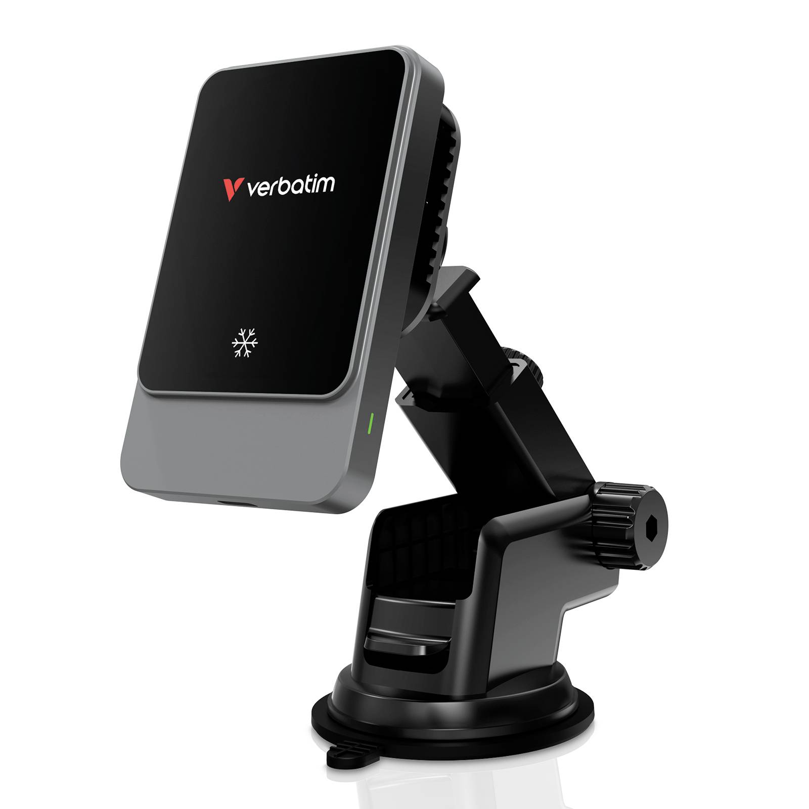 Support de téléphone pour voiture Verbatim avec chargeur sans fil magnétique, présenté en angle sur une base à ventouse.