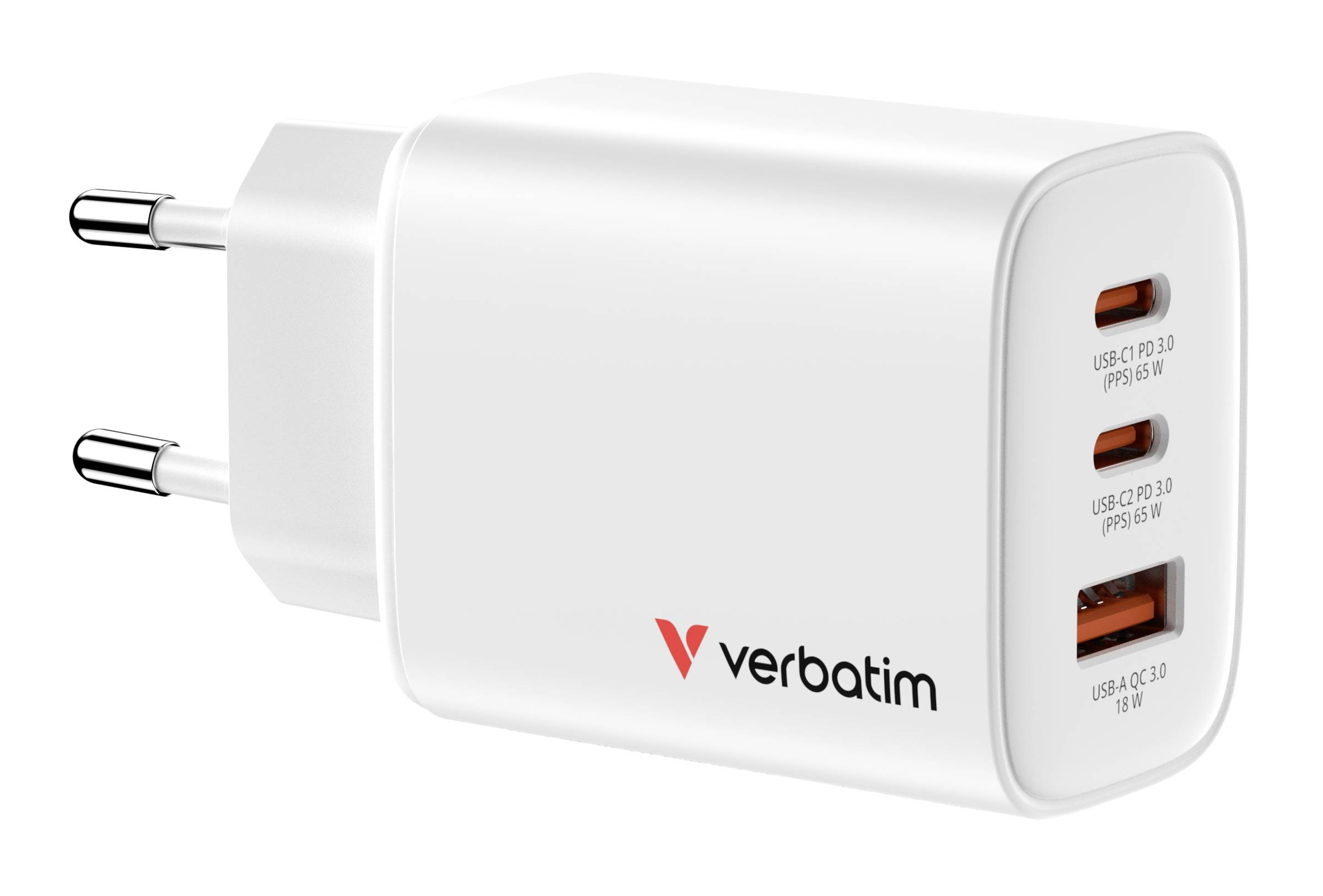 Chargeur mural USB Verbatim blanc avec deux broches et trois ports : deux USB-C et un USB-A, présenté en vue de produit.