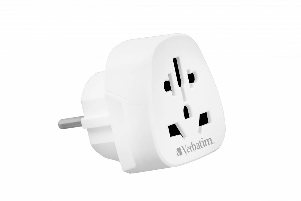 Adaptateur de prise Verbatim blanc avec deux broches rondes, présenté sur un fond blanc uni.