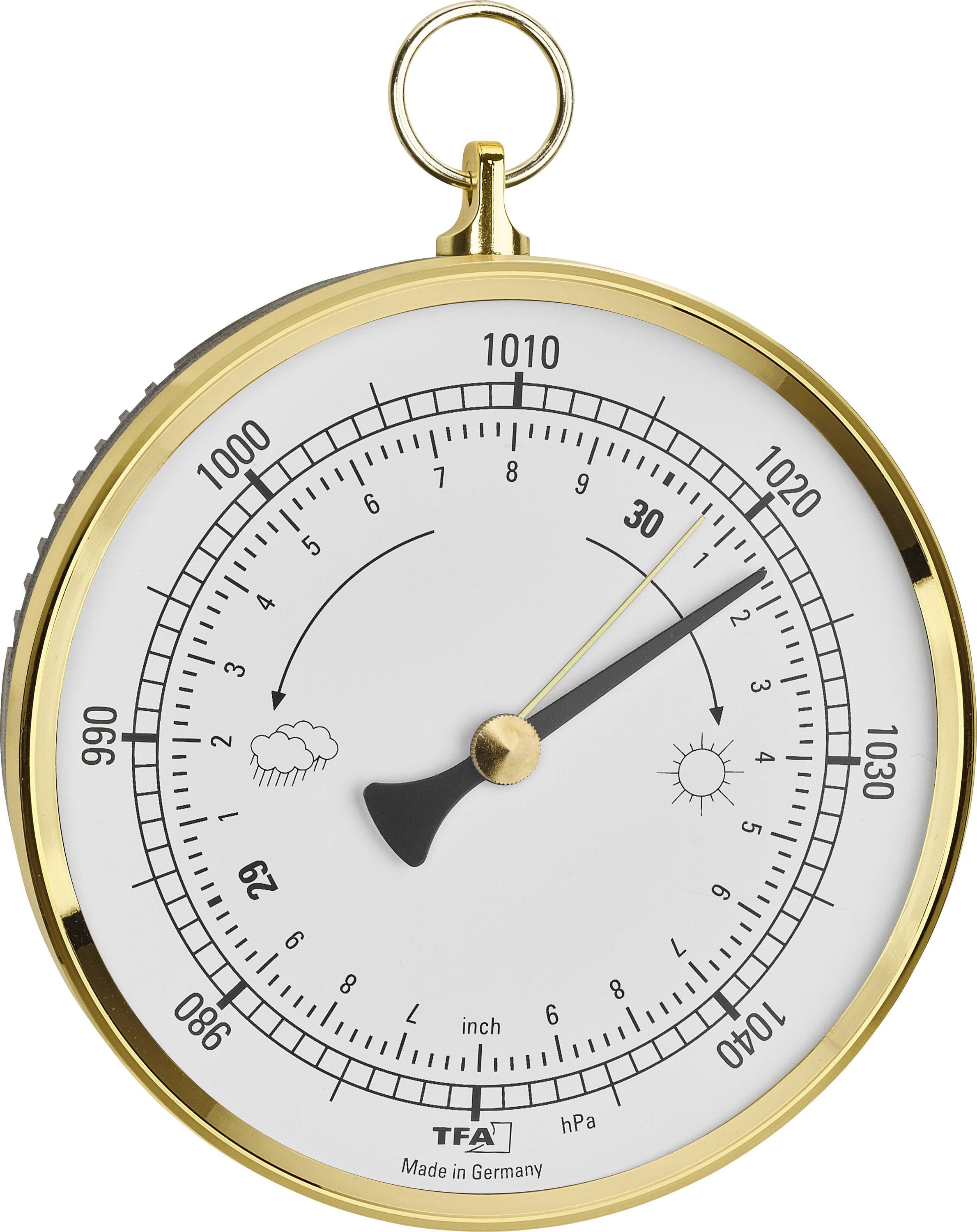 Baromètre avec un cadre doré indiquant une pression de 1015 hPa, signifiant un temps stable. Les symboles de pluie et de soleil représentent les tendances météorologiques.