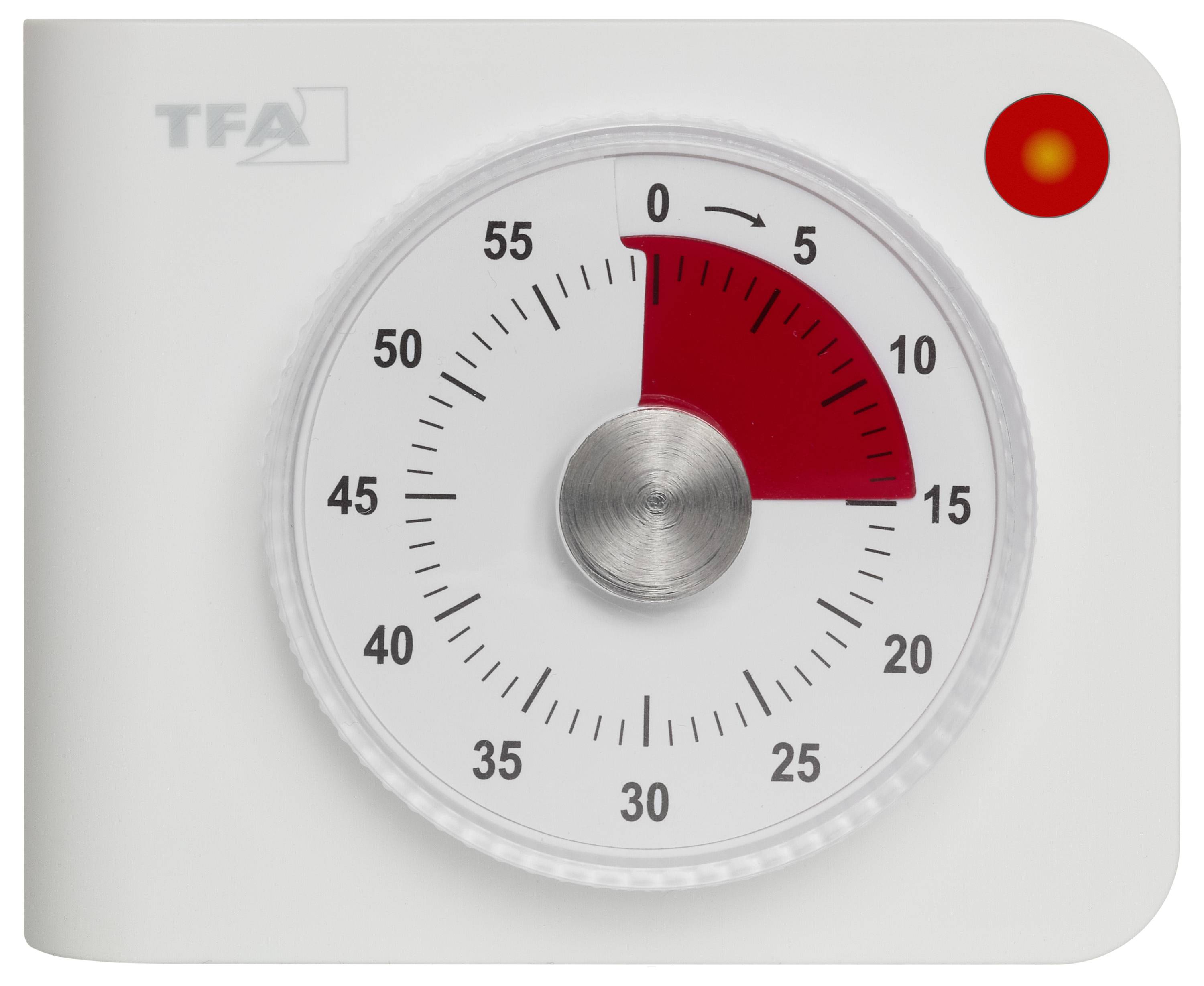 Un minuteur mécanique de cuisine blanc réglé sur 15 minutes avec un marqueur rouge indiquant le temps écoulé.