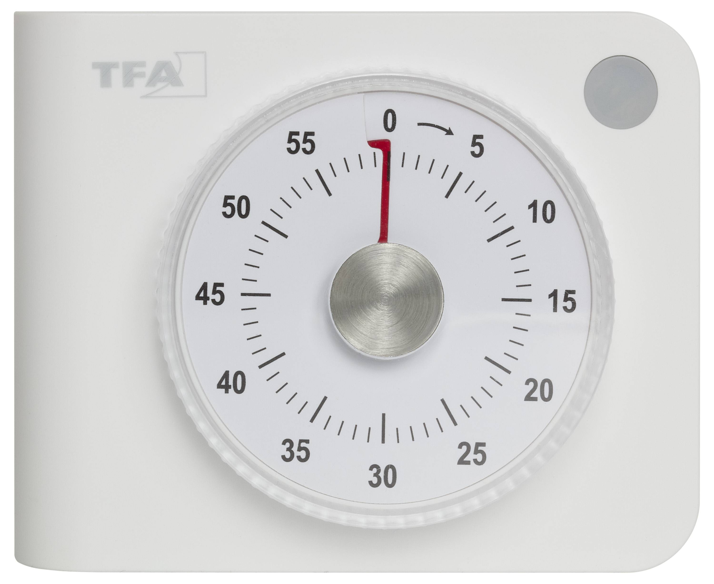 A white kitchen timer set to 30 minutes, marked with red from 0 to 30, with black numbers in increments of 5 around the dial.