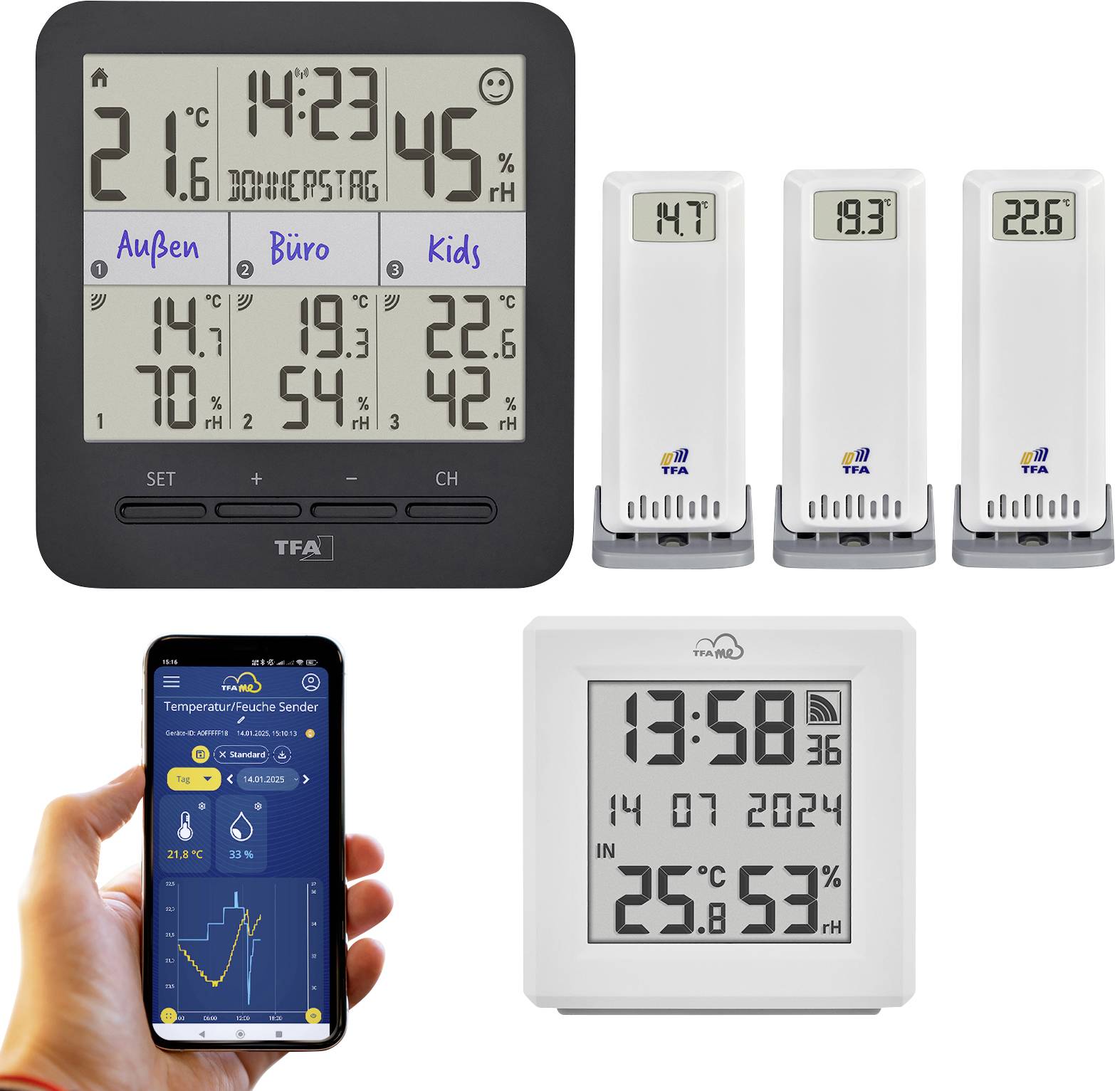 Station météorologique numérique affichant les températures actuelles dans diverses pièces, l'humidité et l'heure. Inclut trois capteurs et un écran d'application smartphone affichant des graphiques de température.