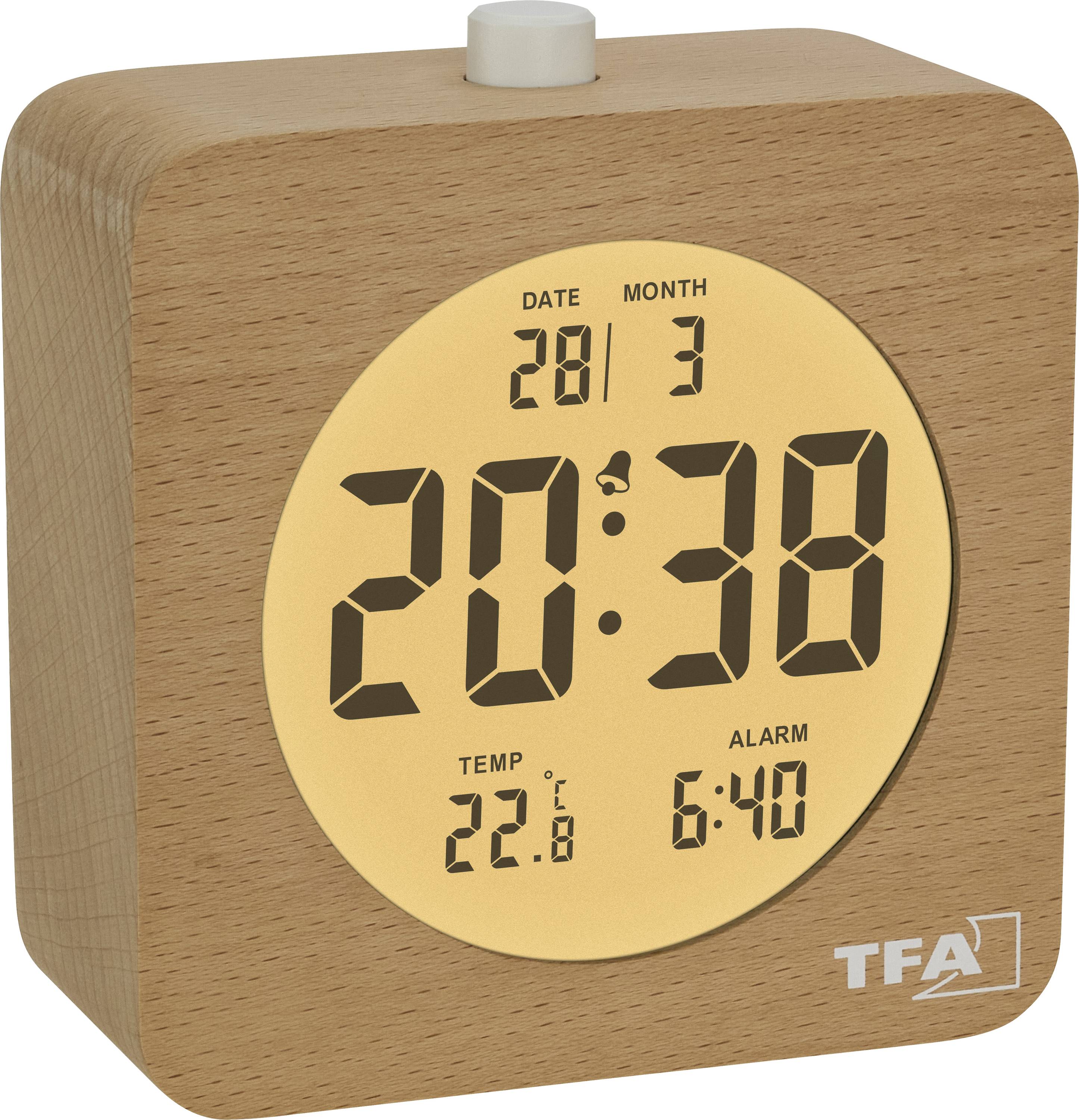Une horloge numérique en bois affiche « 20:38 » avec la date « 28/3 », la température « 22,8°C » et l'alarme réglée sur « 6:40 ».