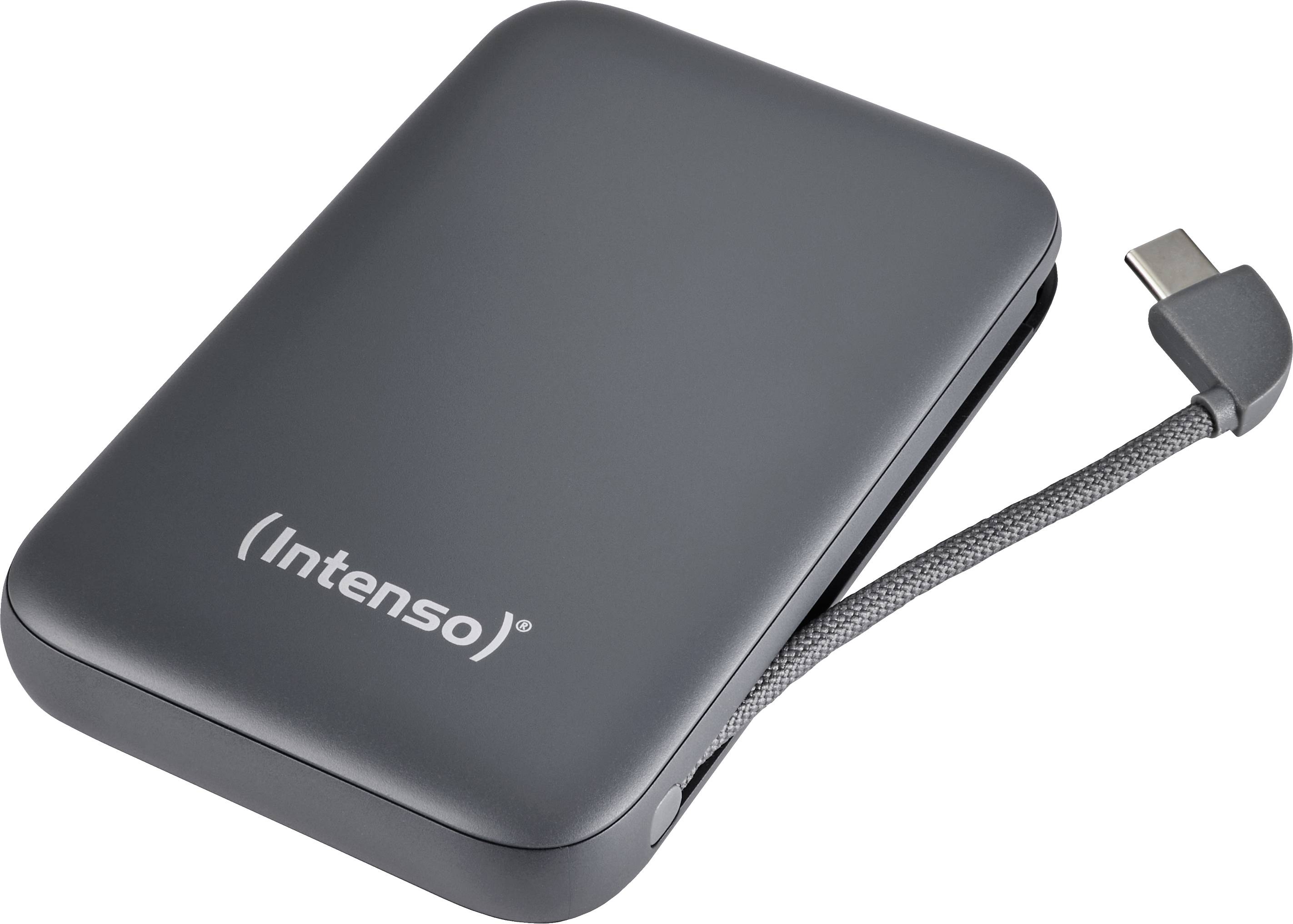 Un disque dur externe avec un câble USB-C attaché, étiqueté « Intenso ». Design gris compact adapté au stockage de données portables.