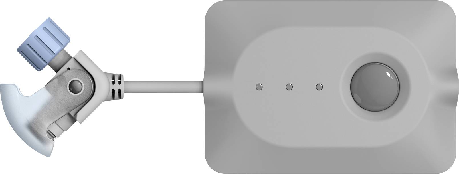 Appareil rectangulaire avec un bouton circulaire et trois petits points, attaché à une valve en métal avec un capuchon bleu via un câble sur le côté gauche.