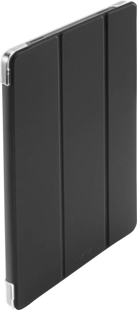 A black tablet case with a sleek design, featuring three foldable segments and clear edges, standing upright on a white background.