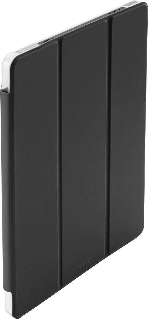 A black tablet case stands upright, showcasing its sleek, folded cover design.