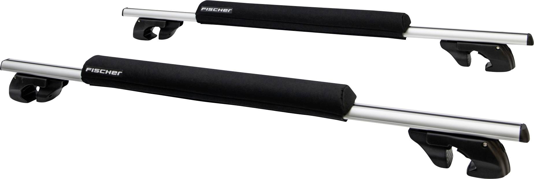 Deux barres de toit argentées et noires avec housses rembourrées, conçues pour être montées sur les toits de voiture afin de sécuriser les bagages ou autres cargaisons.