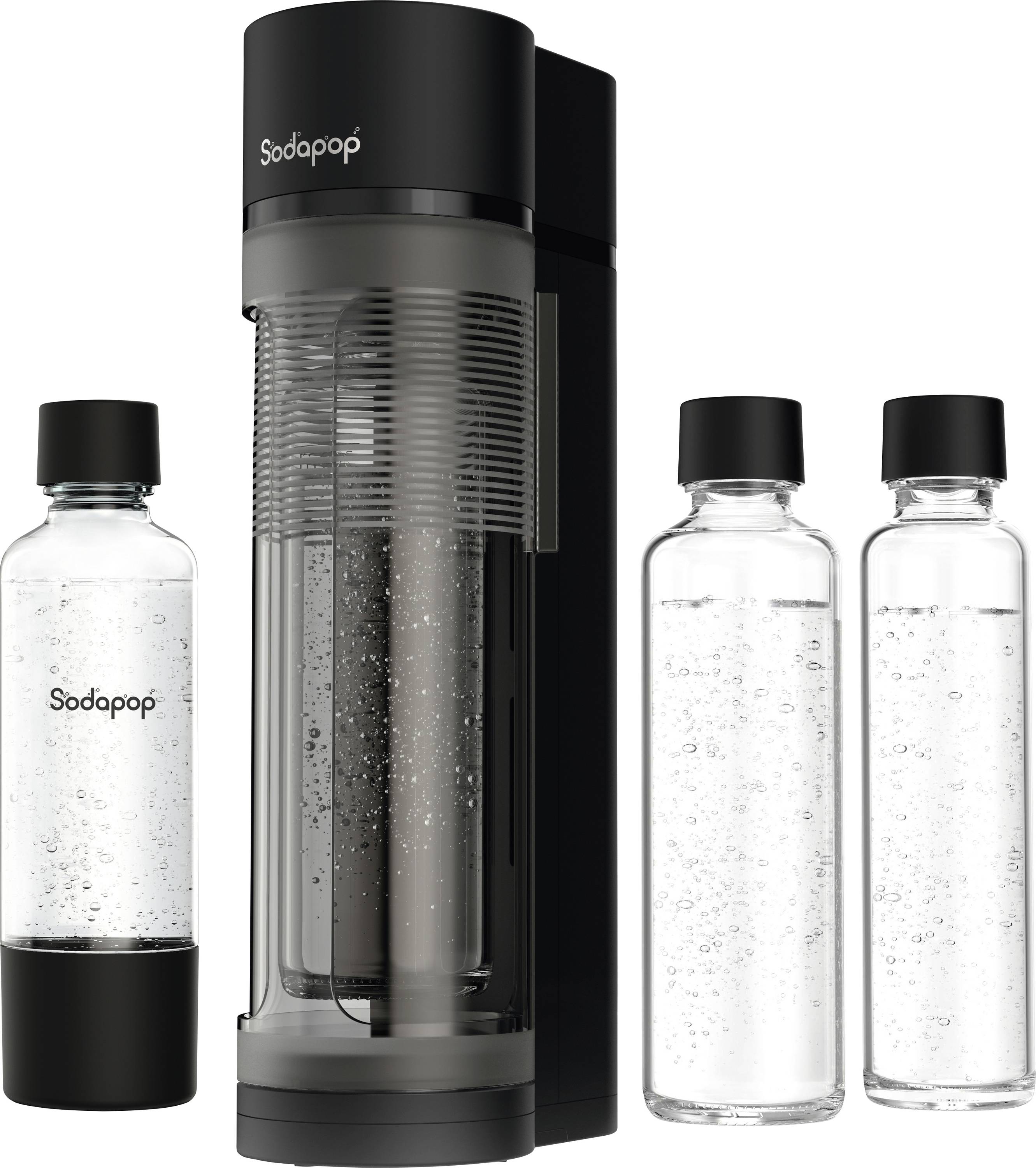 Sodaautomat und drei transparente Flaschen gefüllt mit Mineralwasser, beschriftet mit 'Sodapop'.