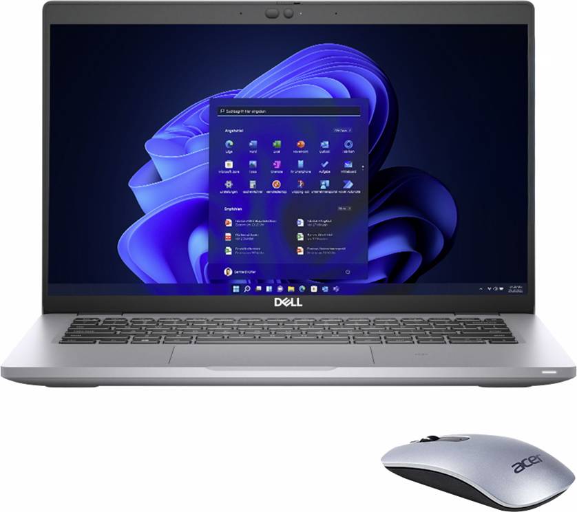 Ein Dell-Laptop mit Windows-11-Oberfläche auf dem Desktop, begleitet von einer Acer-Wireless-Maus im Vordergrund.
