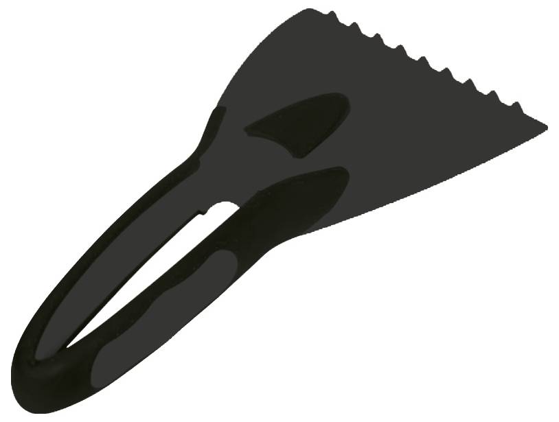 Grattoir à glace en plastique avec un bord dentelé et une poignée noire, utilisé pour enlever la glace des vitres de voiture.