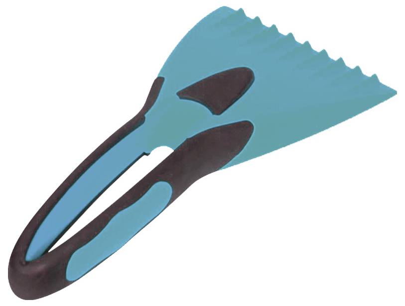 Un grattoir à glace turquoise et noir avec un manche et un bord dentelé, conçu pour enlever la glace des vitres de voiture.