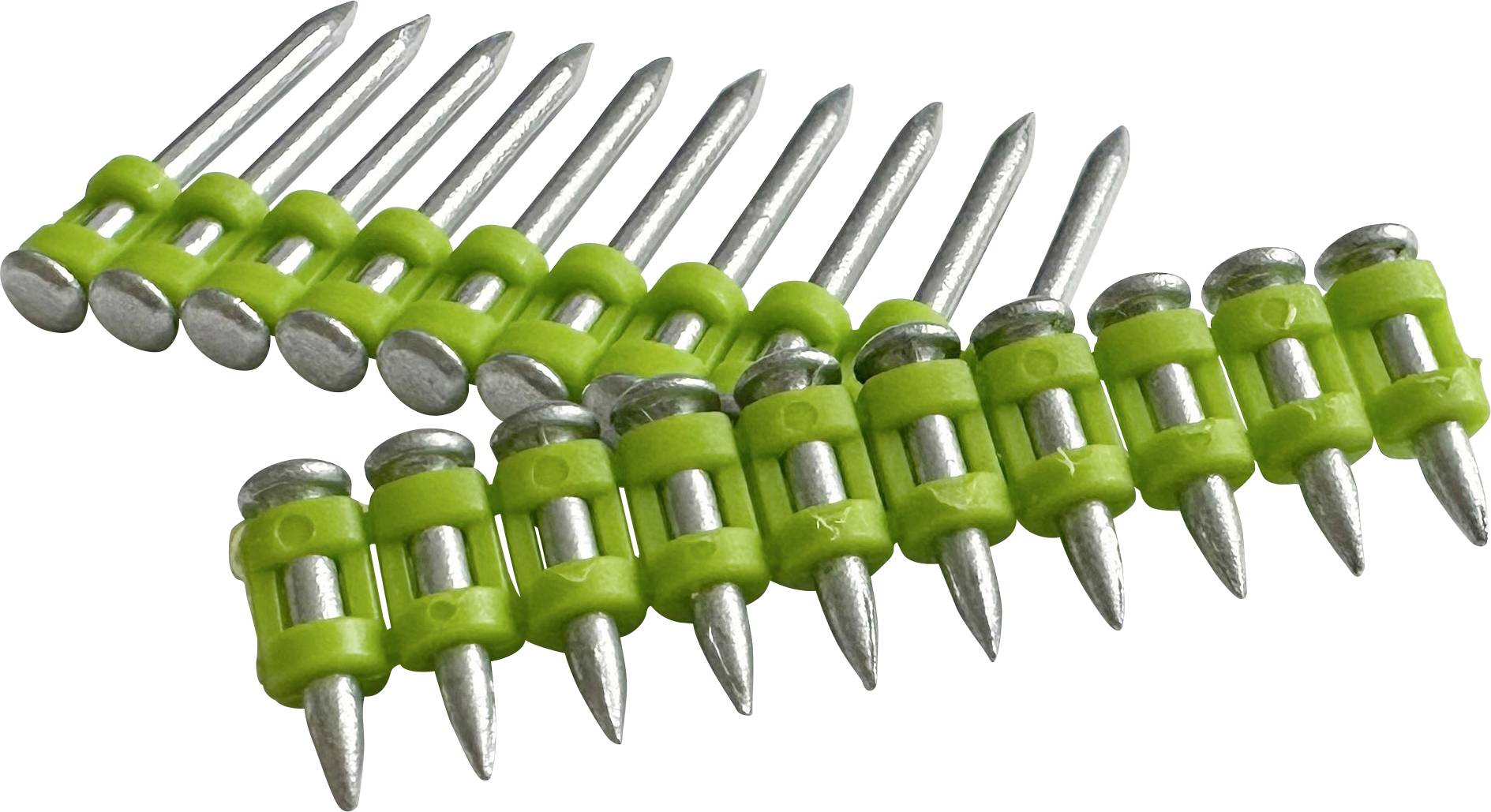 Une rangée de clous métalliques reliés par des supports en plastique vert, disposés en formation décalée, utilisés pour des applications industrielles.