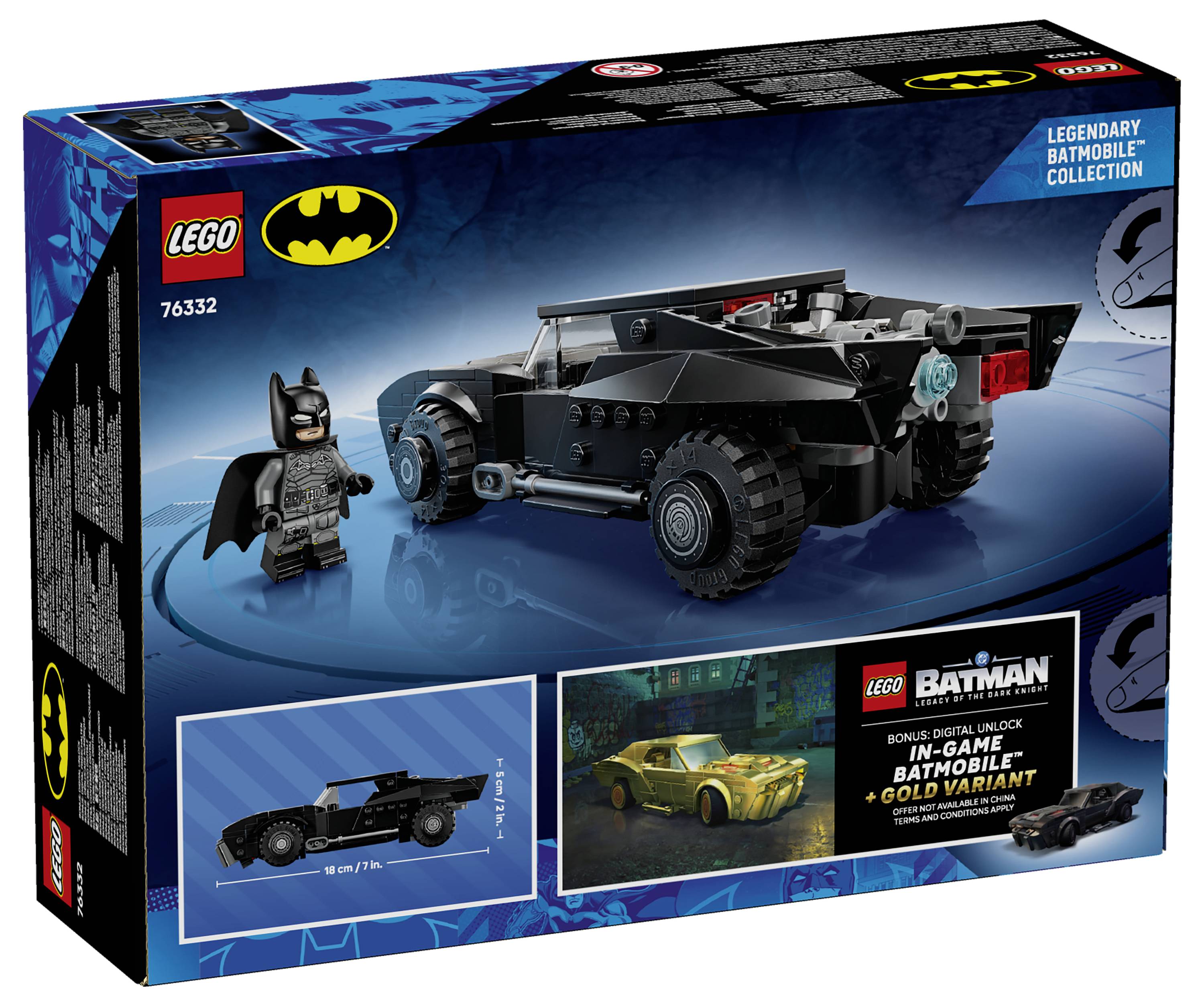 Boîte d'ensemble LEGO Batman présentant la Batmobile. Comprend la figurine Batman et le modèle de la Batmobile. Marque de la collection « Legendary Batmobile ».