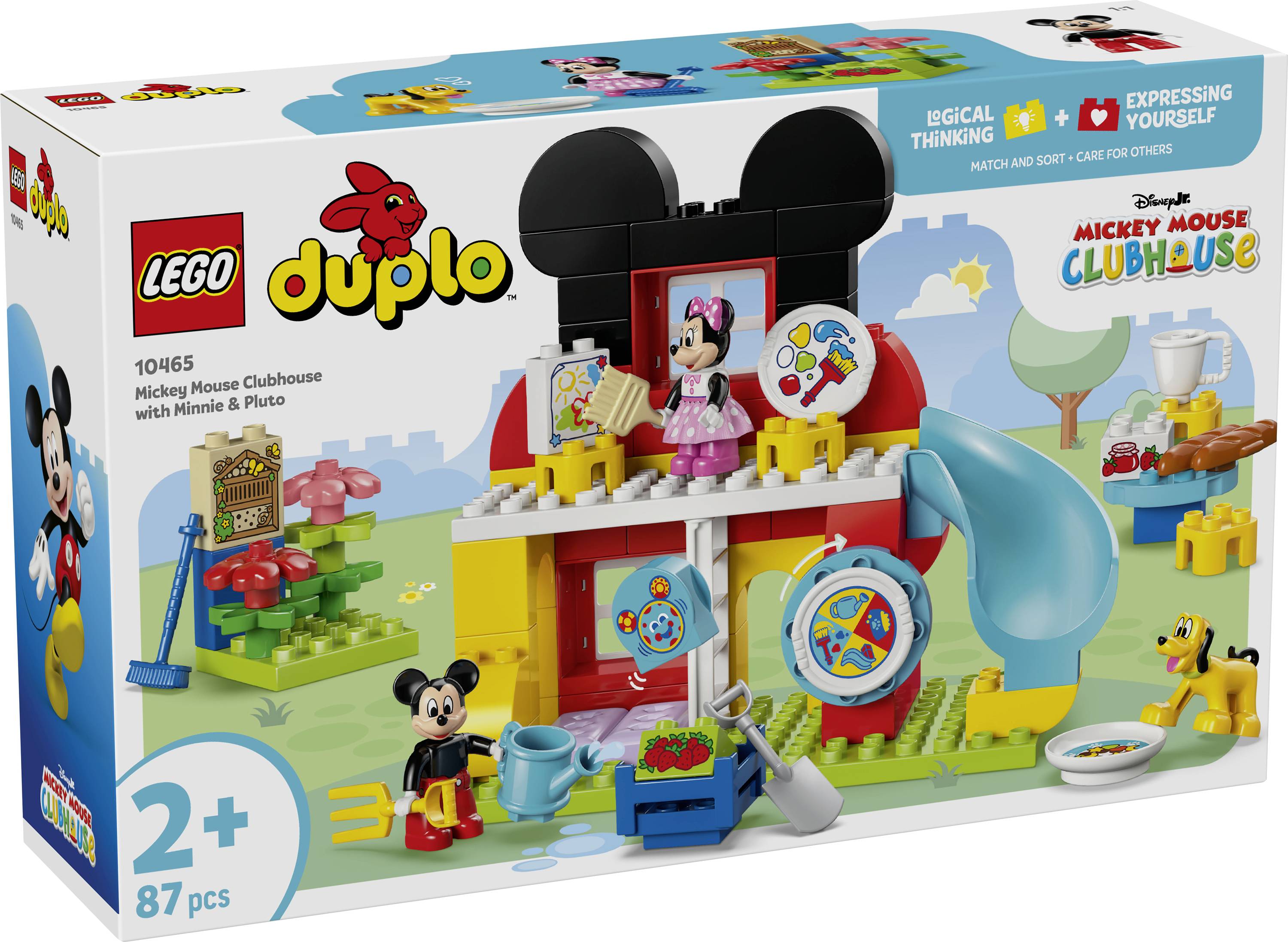 Ensemble LEGO DUPLO Maison de Mickey Mouse avec maison en briques, Minnie et jouets sur la boîte. Pour les enfants de 2 ans et plus, développe la pensée logique et la créativité.