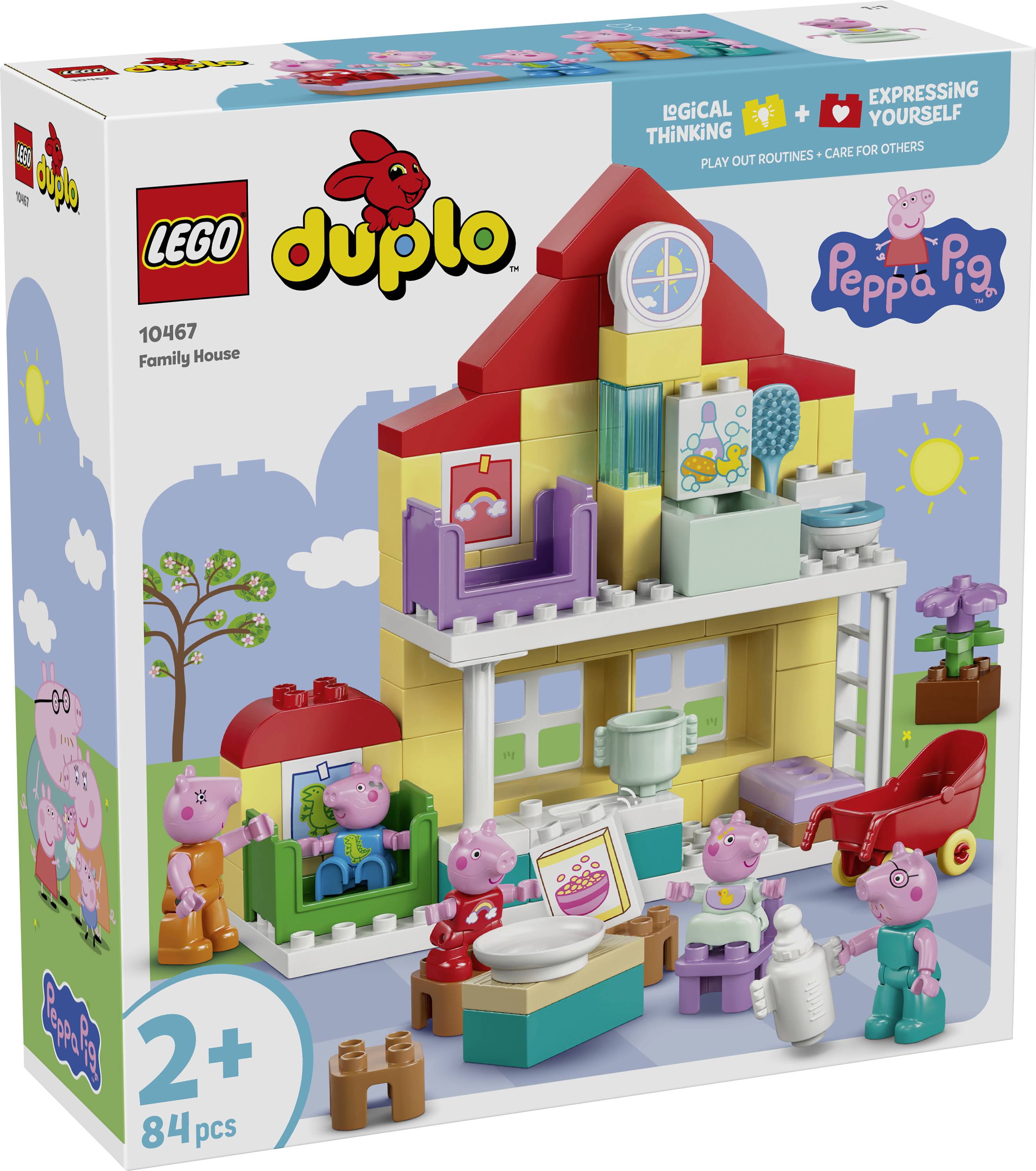 Ensemble LEGO DUPLO avec la maison familiale de Peppa Pig contenant 84 pièces, convient aux enfants de 2 ans et plus. Comprend des figurines et des meubles pour un jeu imaginatif.