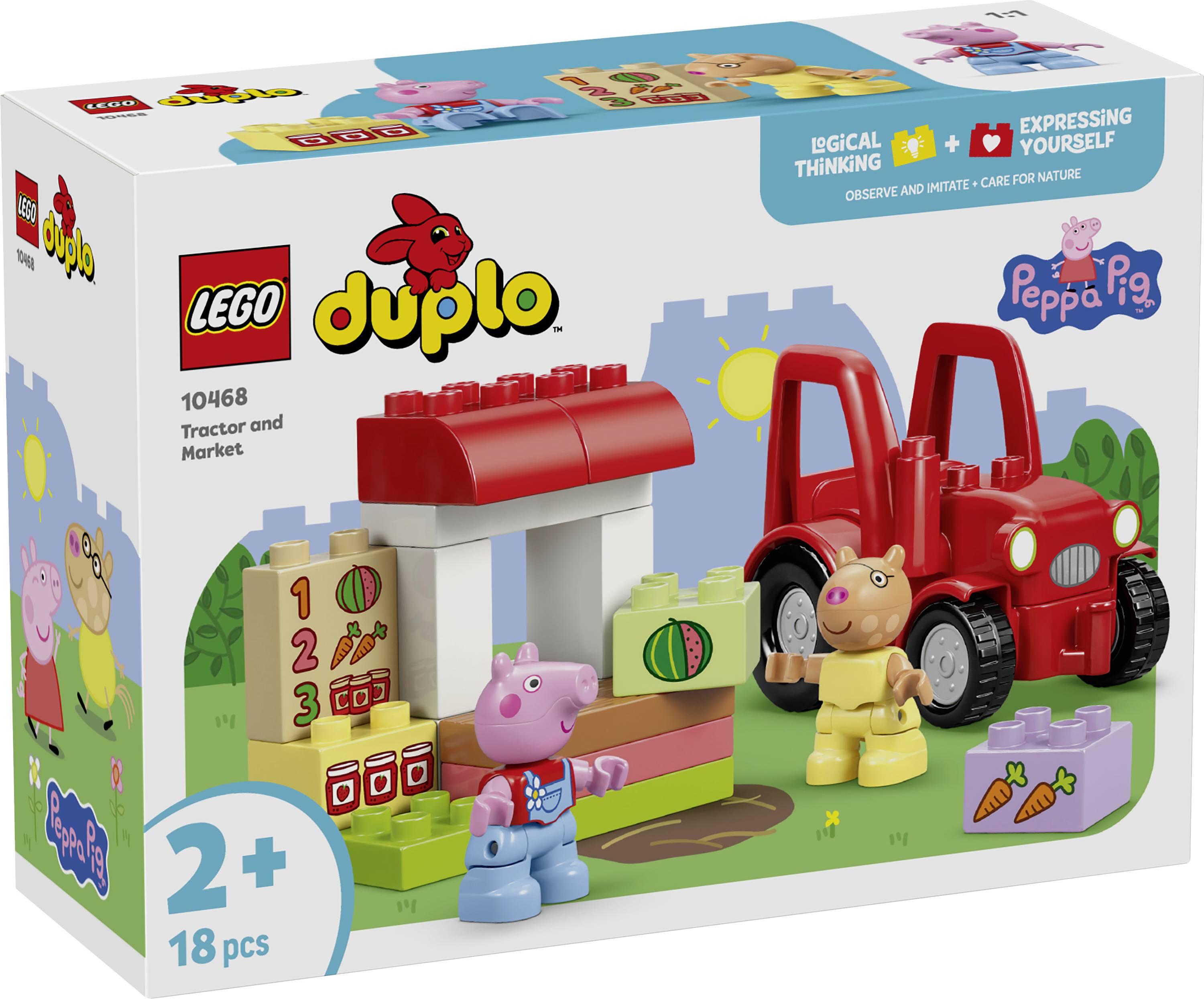 L'ensemble « LEGO Duplo Peppa Pig Tracteur et Marché » présente une figurine de Peppa Pig avec un tracteur rouge, un étal de marché et des fruits et légumes jouets. Convient aux enfants à partir de 2 ans.