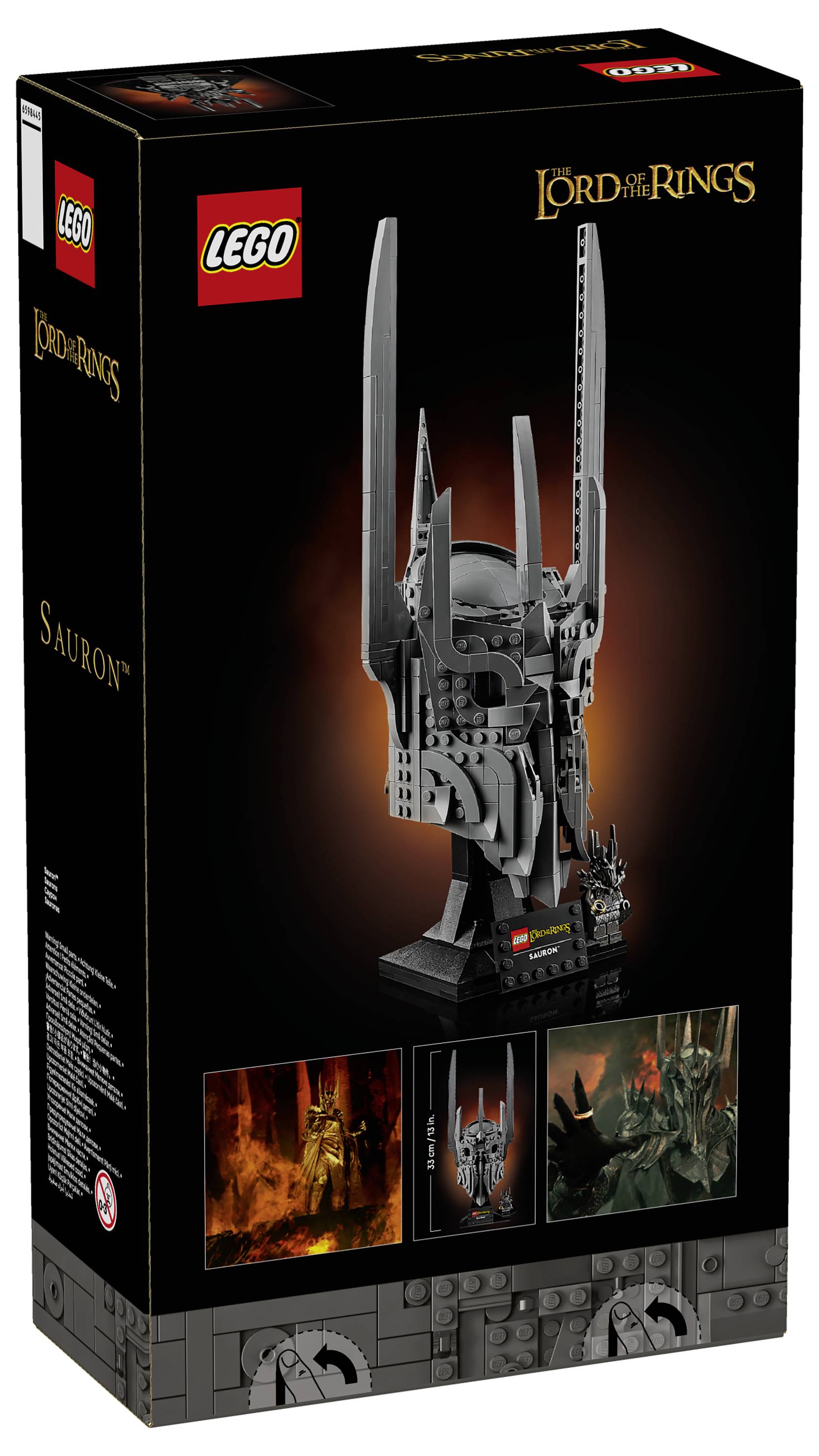 Boîte de jeu LEGO « Le Seigneur des Anneaux » montrant une construction détaillée du casque de Sauron. La boîte inclut les logos LEGO et Le Seigneur des Anneaux, ainsi que les détails d'illustration.