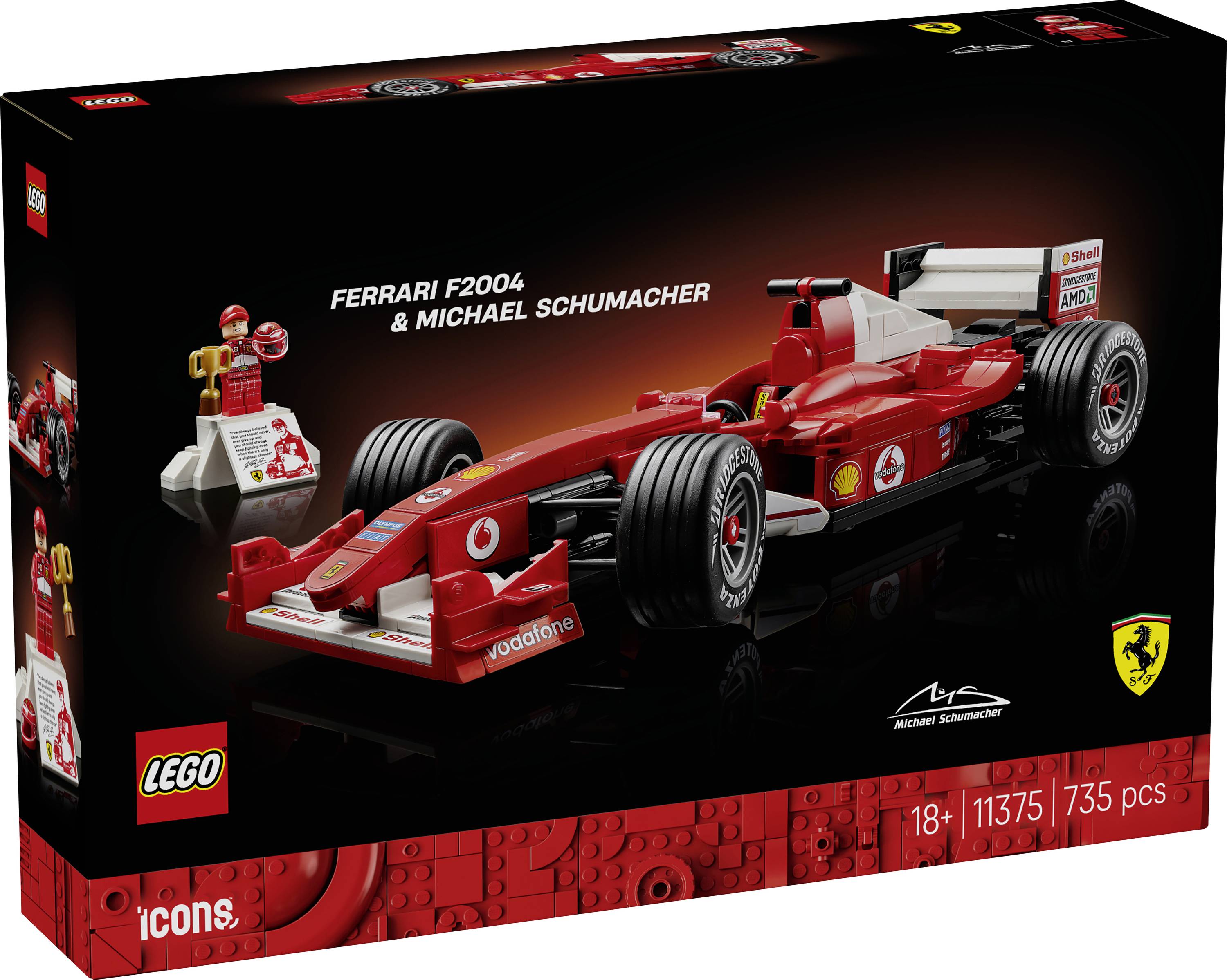 Boîte de set Lego présentant une Ferrari F2004 rouge de course, intitulée « Ferrari F2004 & Michael Schumacher », contenant 735 pièces pour les âges 18+.