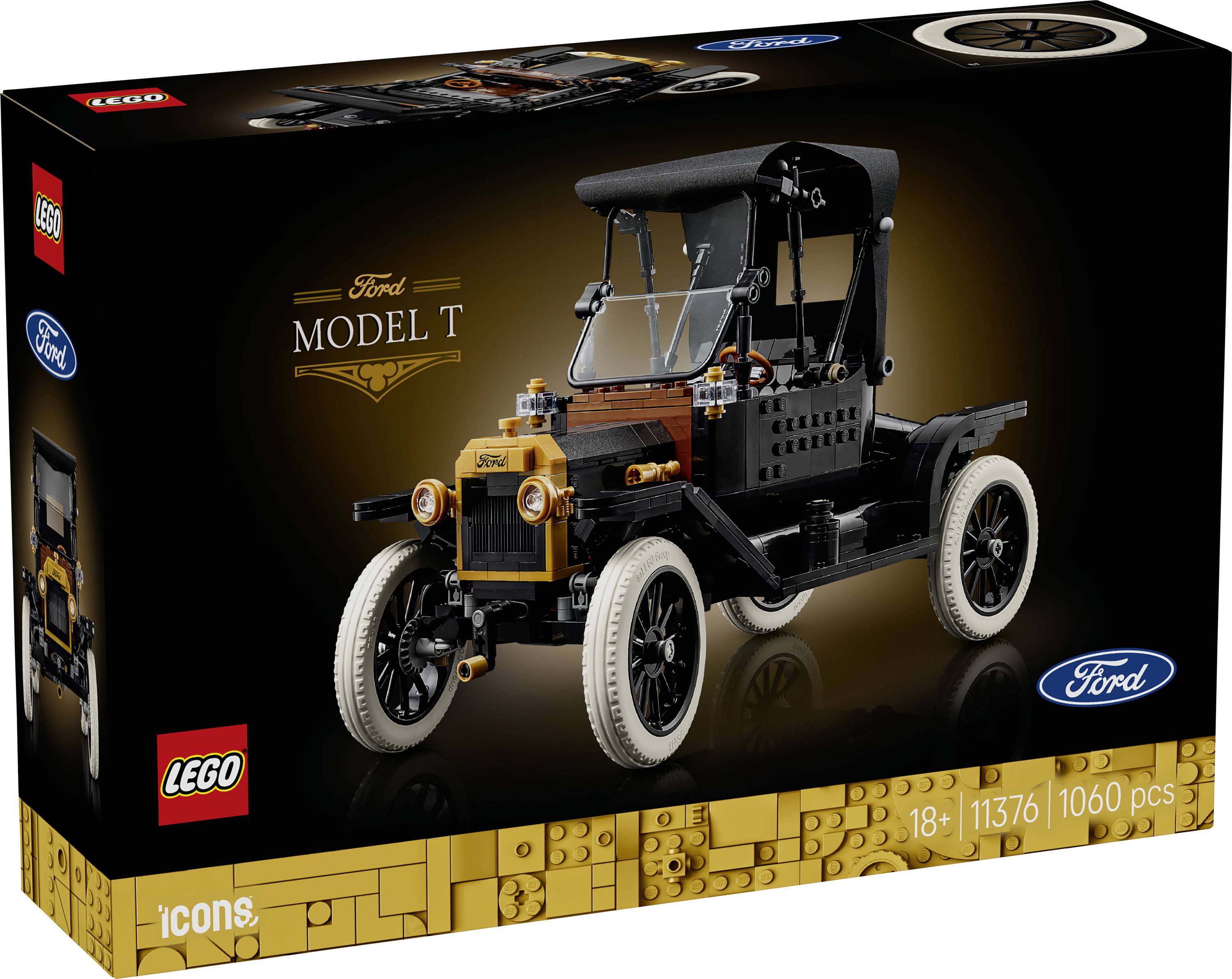 Boîte de set LEGO Ford Model T avec une image détaillée du modèle de voiture noir et marron assemblé. L'ensemble comprend 1060 pièces, étiqueté pour les âges 18+.
