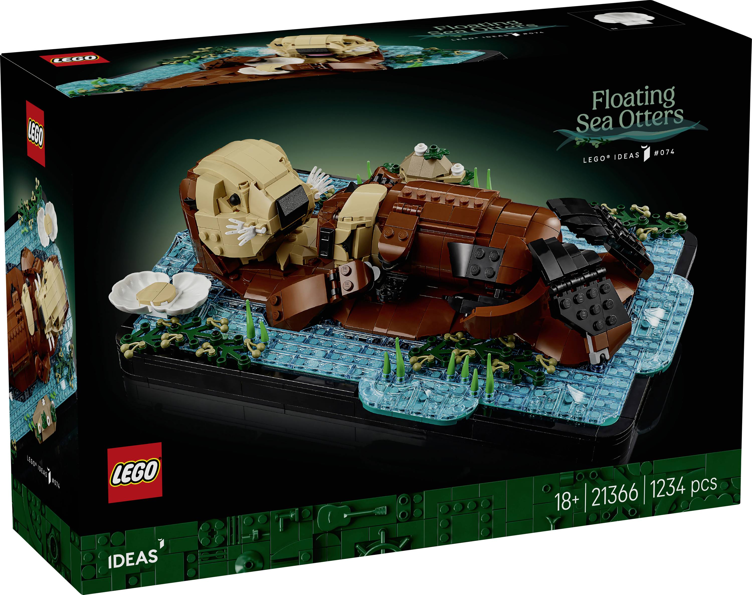 L'image montre une boîte de set LEGO Ideas mettant en vedette « Loutres de mer flottantes ». Elle comprend deux loutres et des éléments aquatiques, avec 1234 pièces.