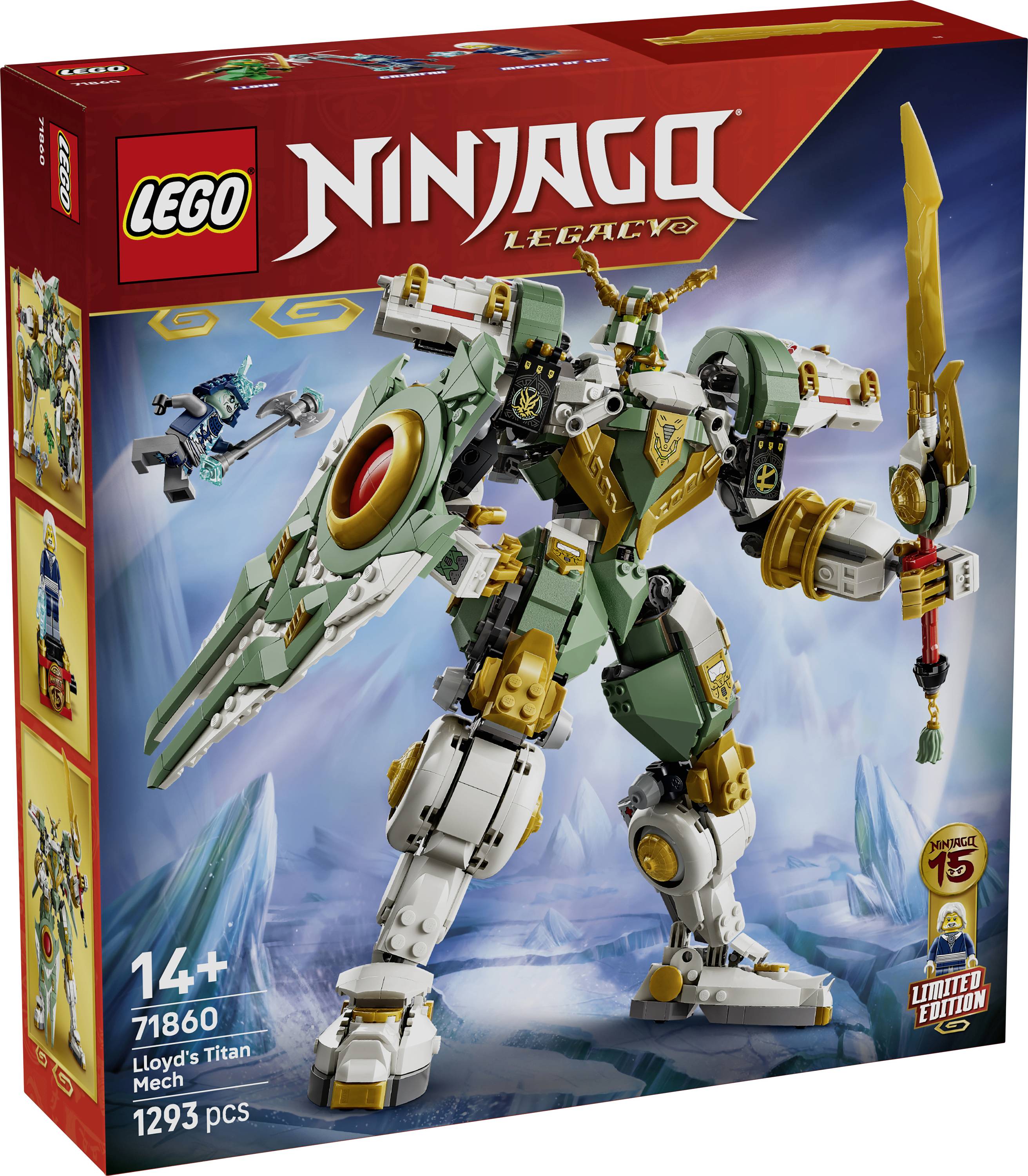 Boîte d'ensemble LEGO Ninjago présentant le « Mecha Titan de Lloyd », un robot sophistiqué vert et blanc avec une épée et un bouclier, 1293 pièces.