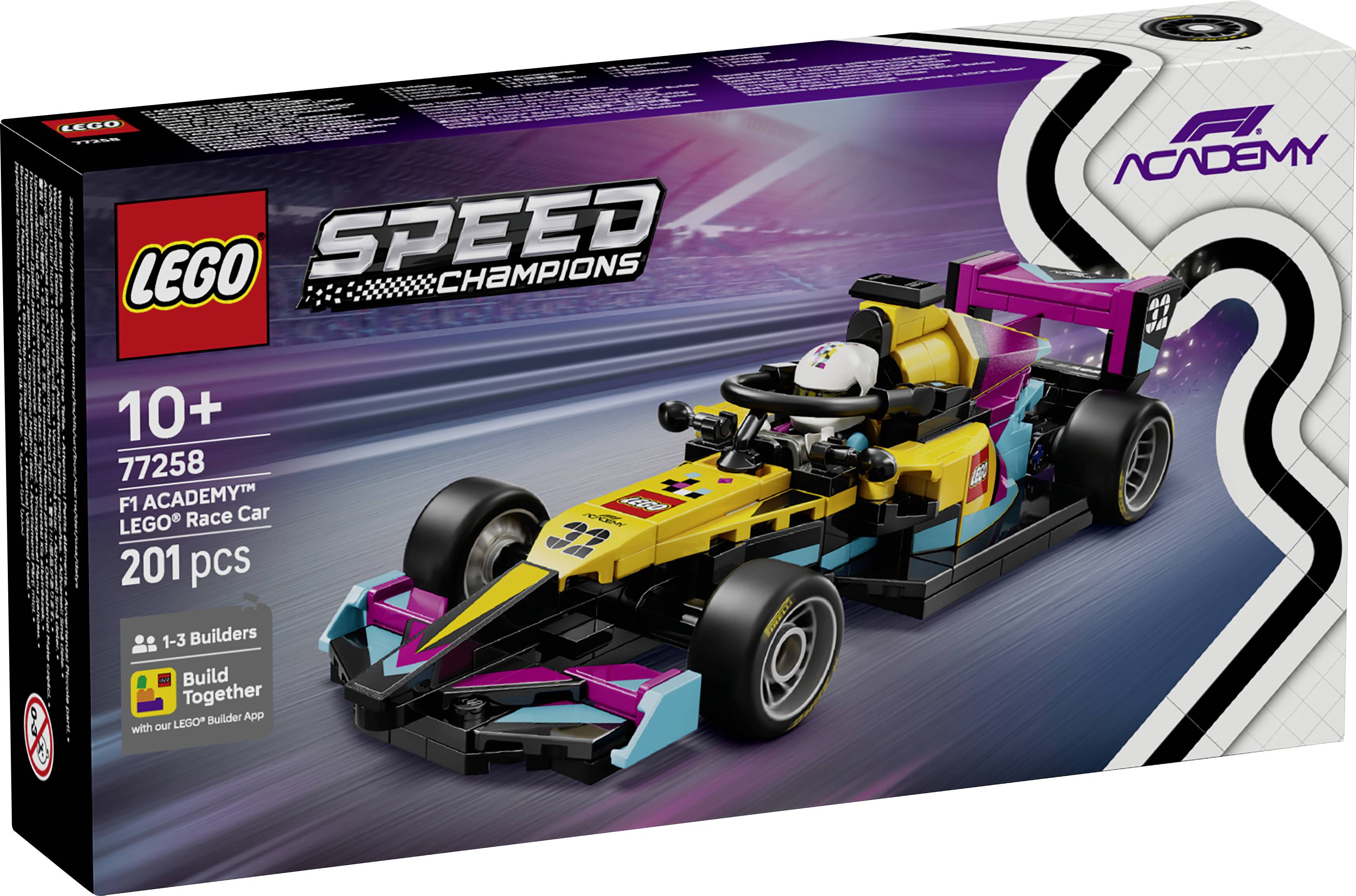 Ensemble « LEGO Speed Champions » avec voiture de course FI Academy, numéro de modèle 77258, présentant un design coloré et 201 pièces. Convient aux enfants de 10 ans et plus.