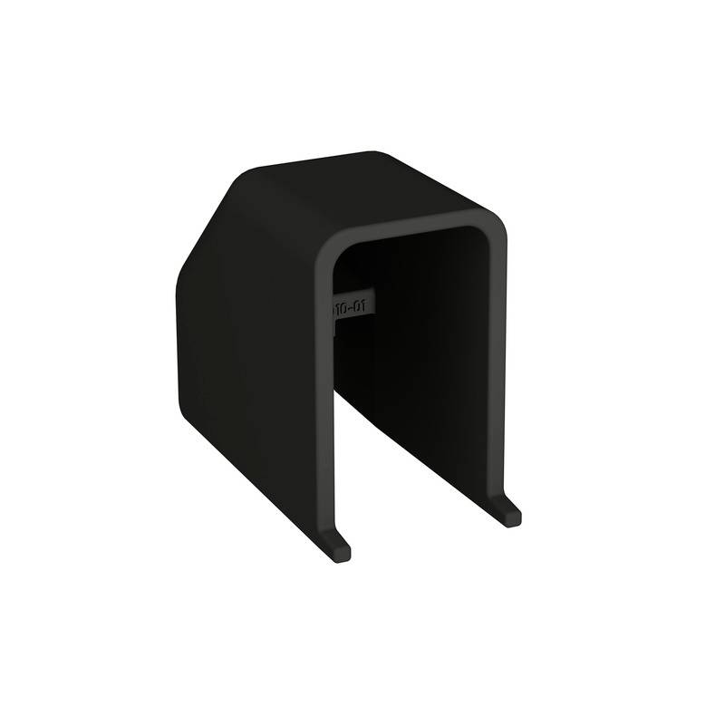 Couvercle ou boîtier en plastique noir en forme de U avec l'avant ouvert et le haut arrondi, présenté isolé sur fond blanc.