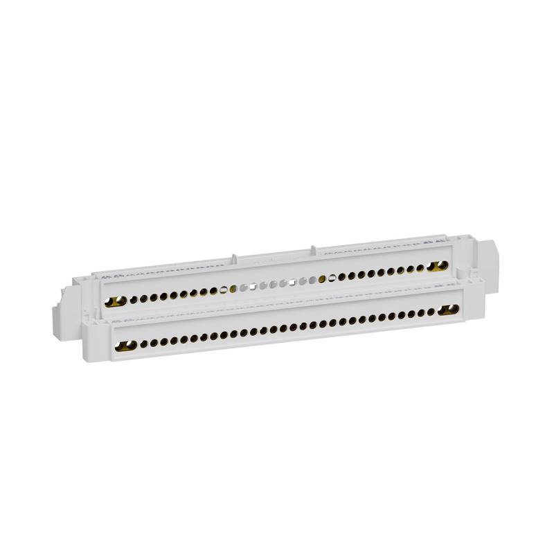 Module de connecteur électrique blanc avec deux rangées de douilles de broches circulaires sur fond uni.