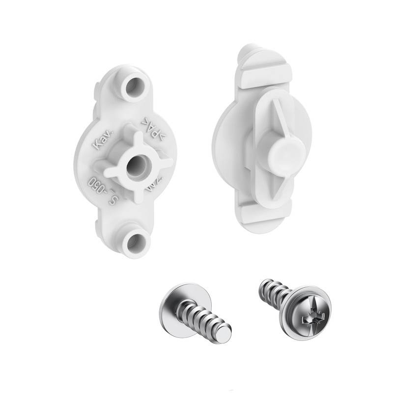 White plastic mounting clip shown front and side views with two metal screws below, on a plain white background.