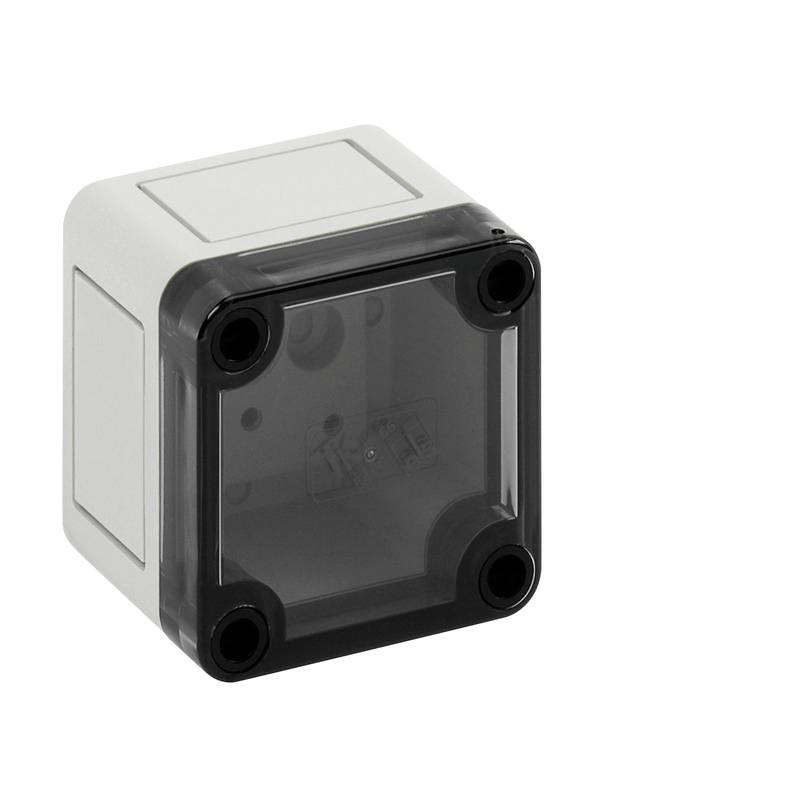 Boîtier électrique gris avec un couvercle avant transparent foncé et quatre vis d'angle, présenté sur un fond blanc.